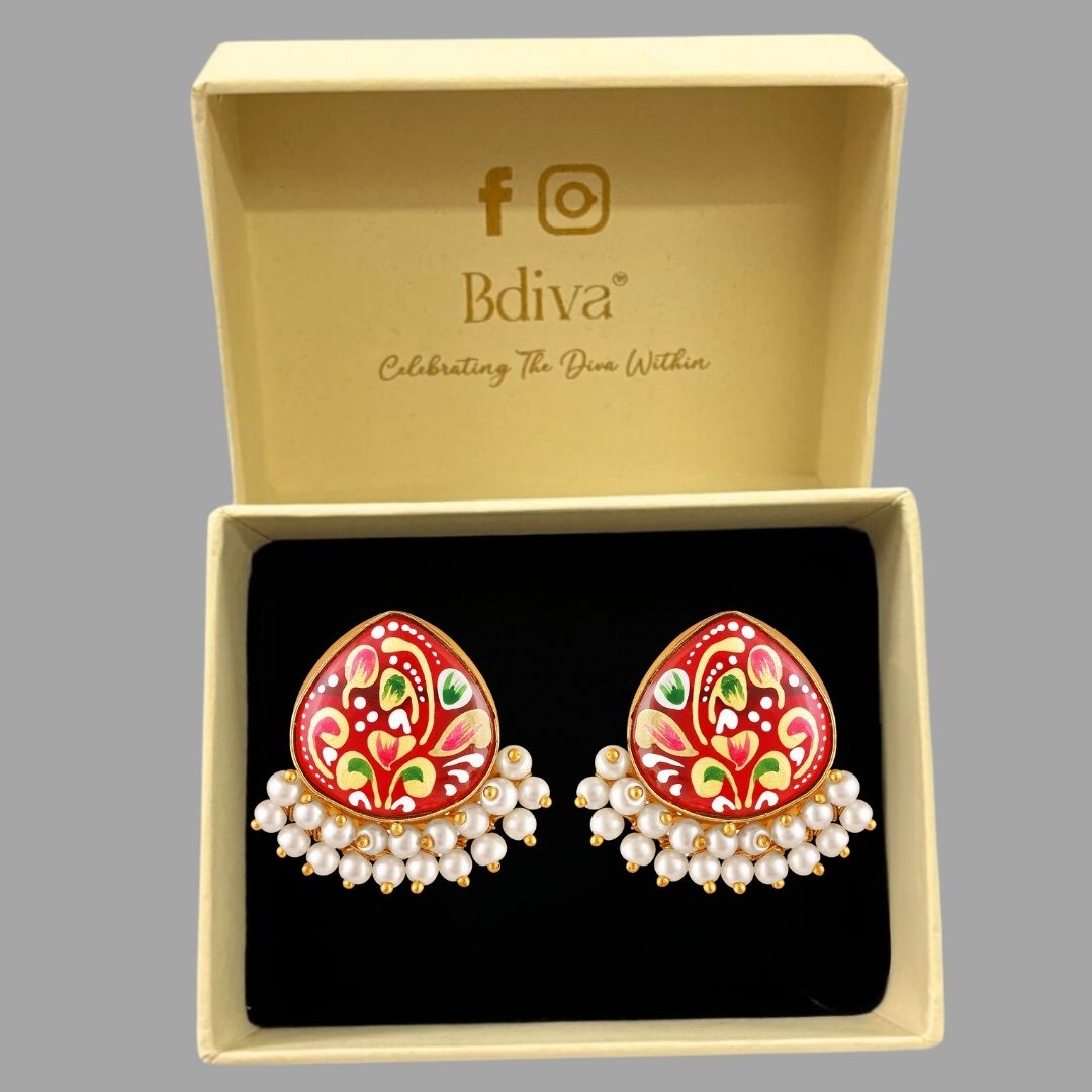 BDiva 18K Gold Plated Orange Enamel and Pearl Cluster Earrings with a Traditional Twist