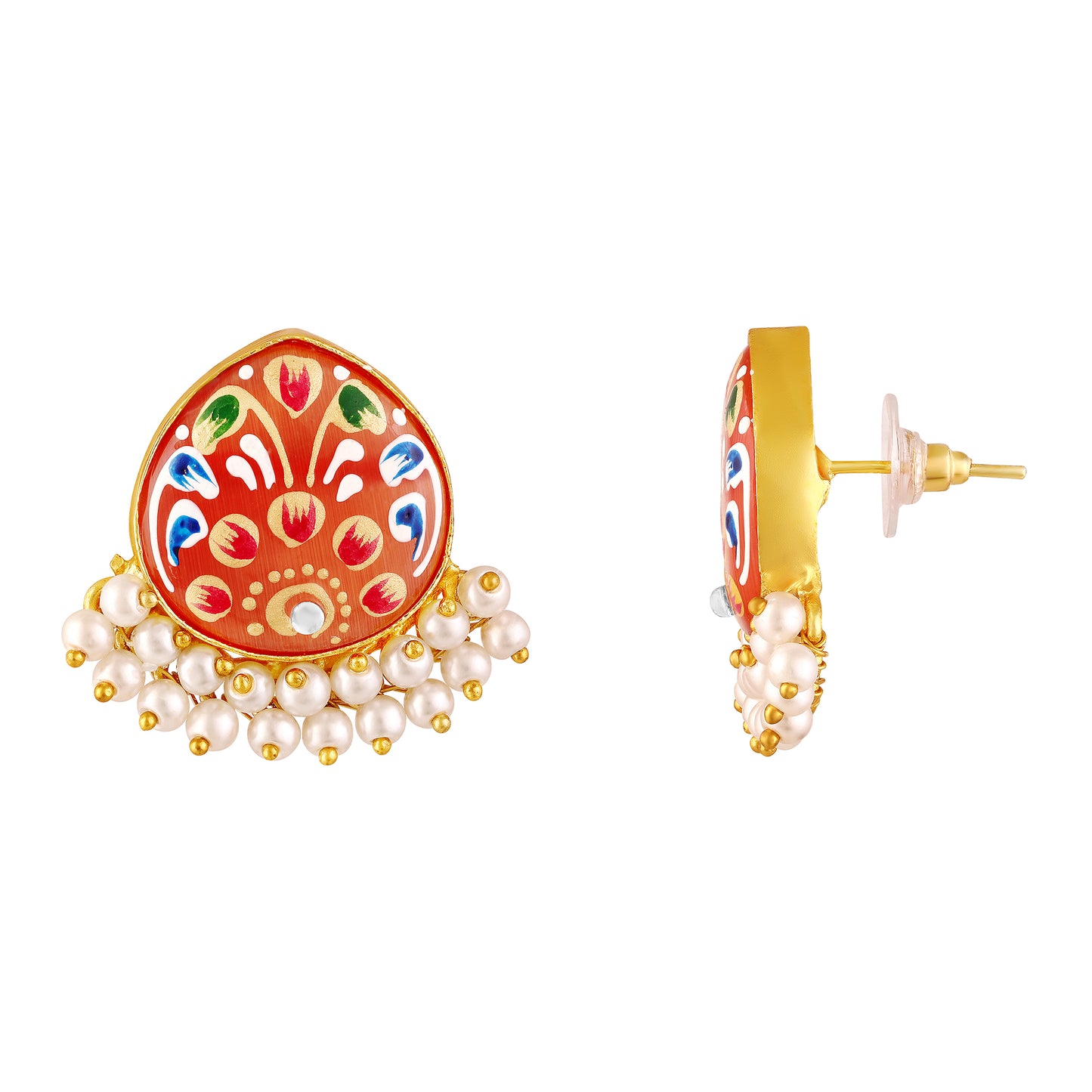 BDiva 18K Gold Plated Orange Enamel and Pearl Cluster Earrings with a Traditional Twist