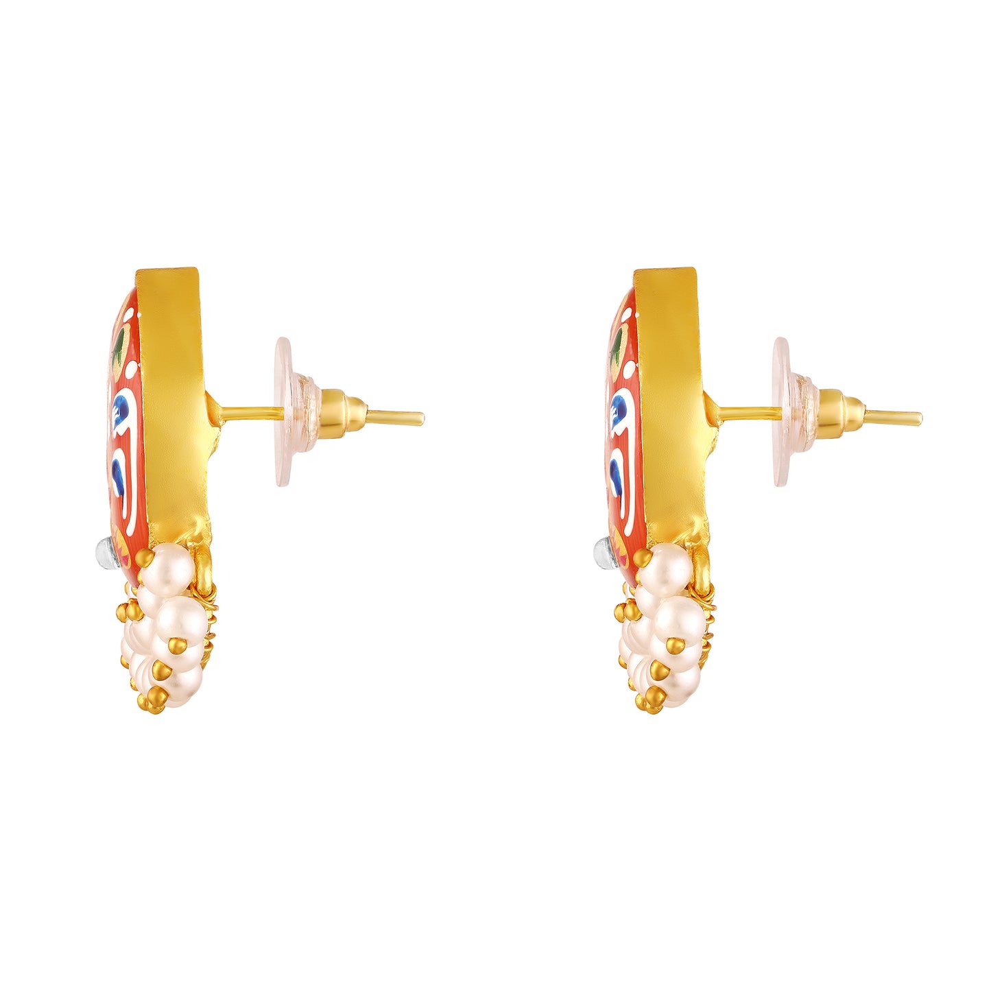 BDiva 18K Gold Plated Orange Enamel and Pearl Cluster Earrings with a Traditional Twist
