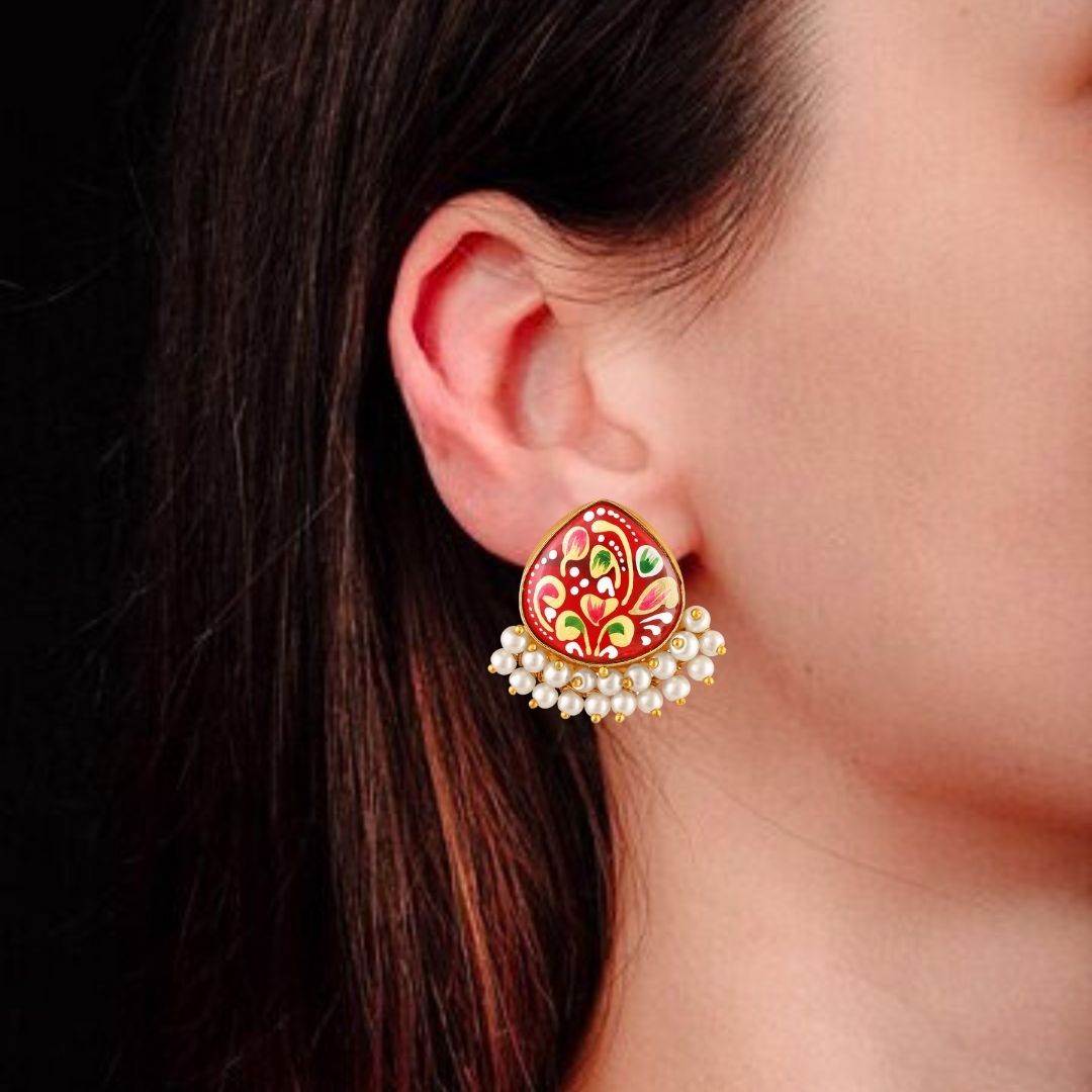 BDiva 18K Gold Plated Orange Enamel and Pearl Cluster Earrings with a Traditional Twist