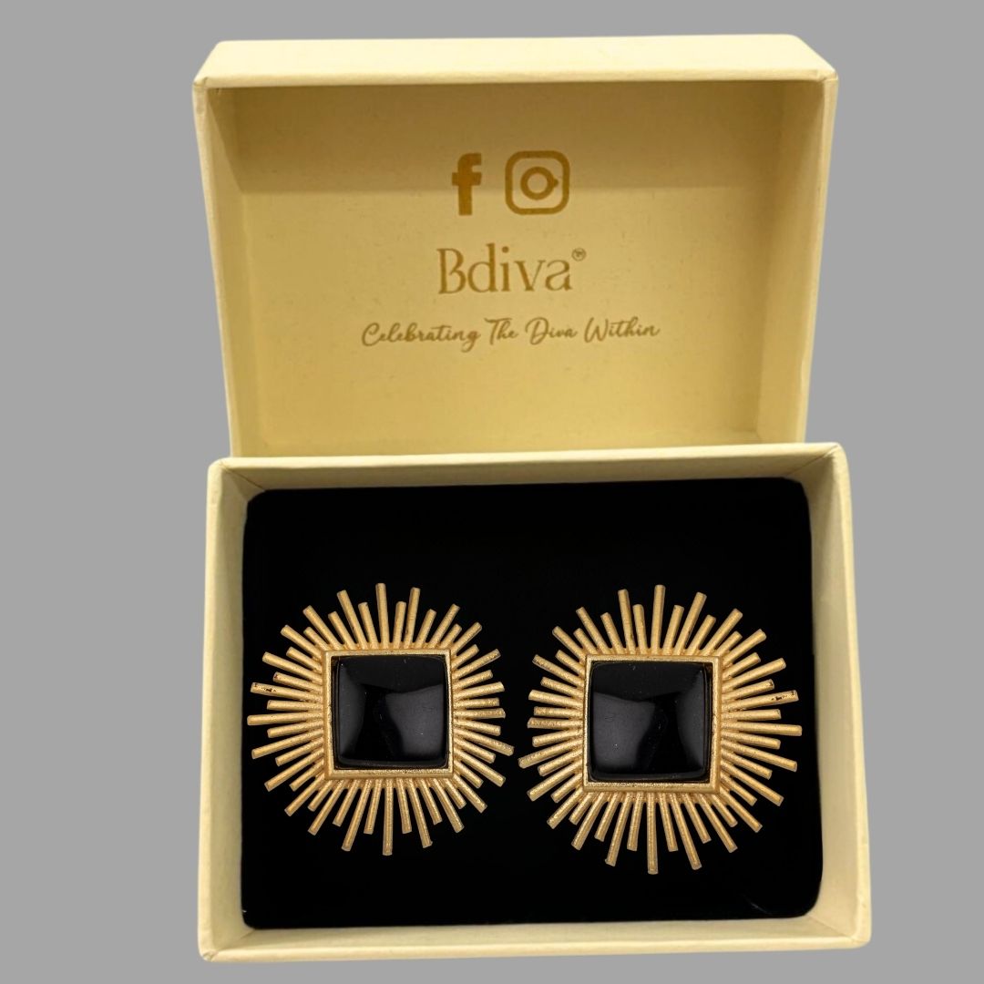 Bdiva 18K Gold Plated Black Tourmaline Stud Earrings.