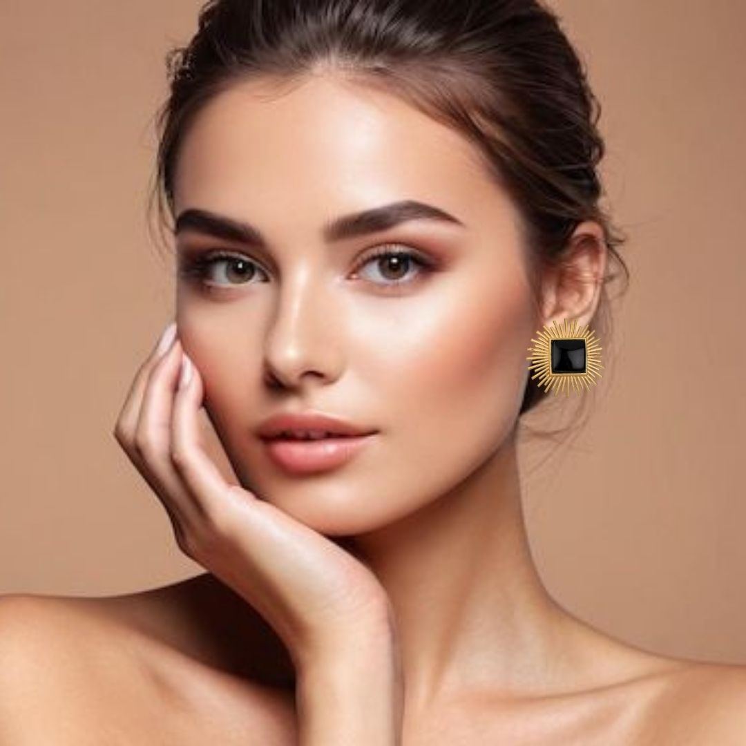 Bdiva 18K Gold Plated Black Tourmaline Stud Earrings.