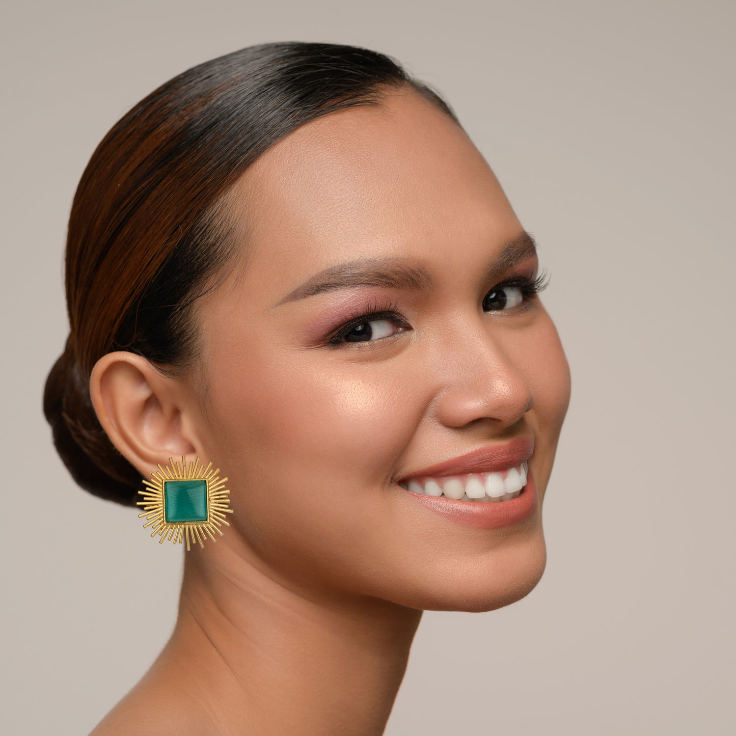 Bdiva 18K Gold Plated Green Jade Stud Earrings.