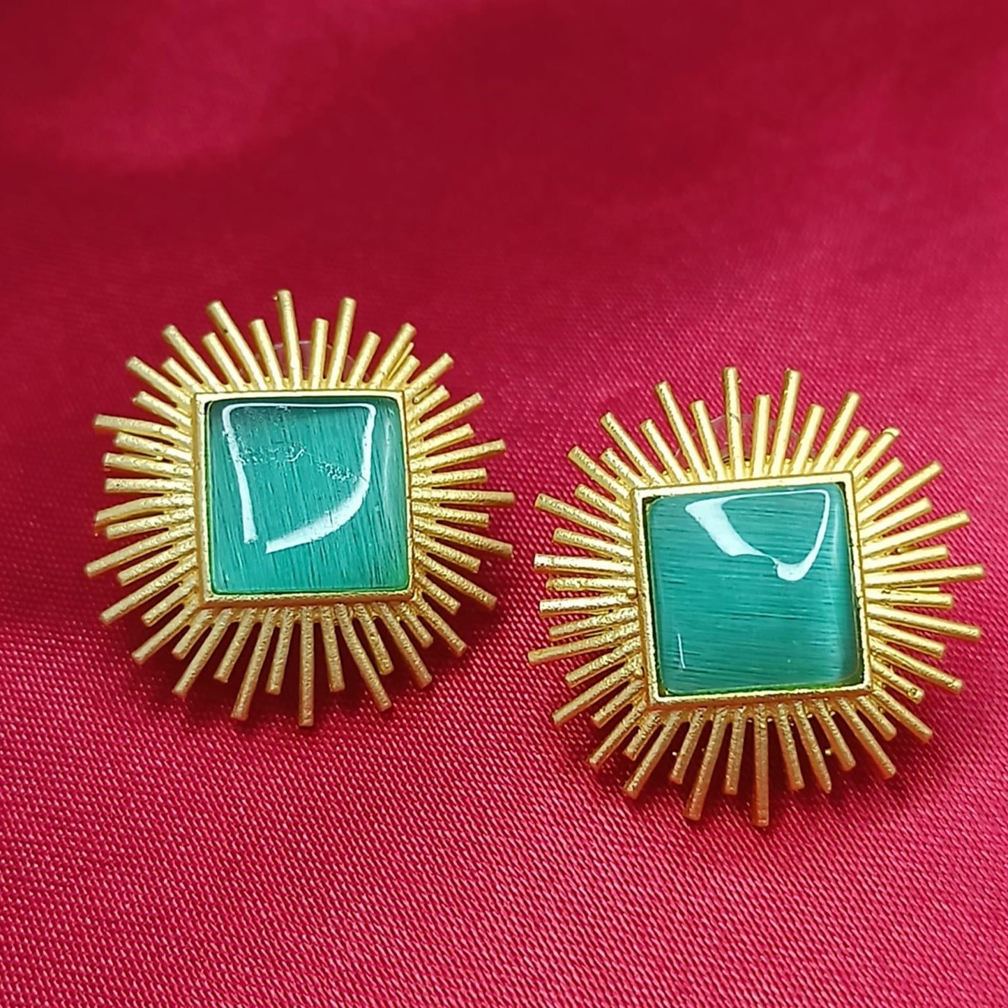 Bdiva 18K Gold Plated Green Jade Stud Earrings.