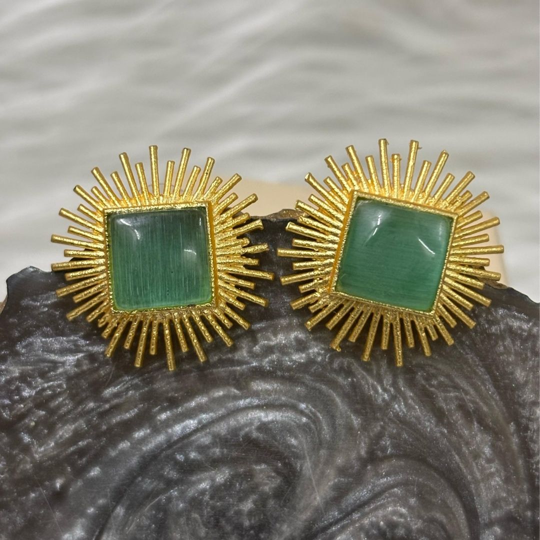 Bdiva 18K Gold Plated Green Jade Stud Earrings.