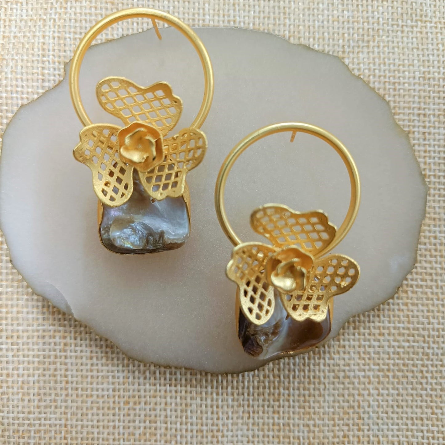 Bdiva 18K Gold Plated Intricately Carved Earrings With And Mother Of Pearl.