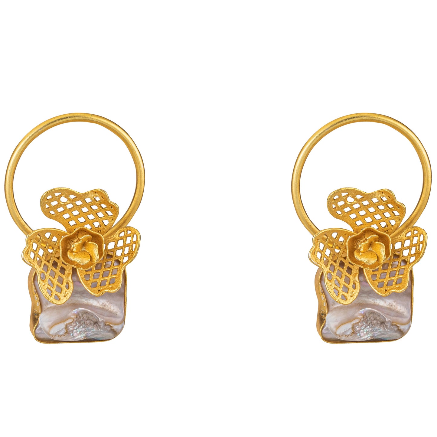 Bdiva 18K Gold Plated Intricately Carved Earrings With And Mother Of Pearl.