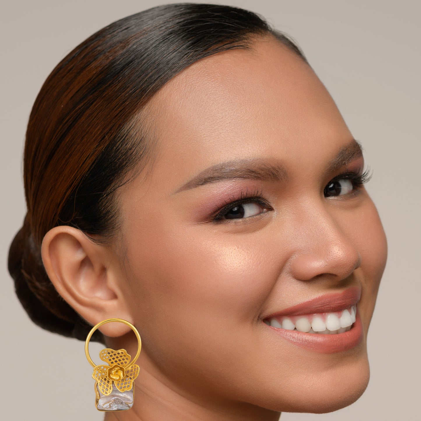 Bdiva 18K Gold Plated Intricately Carved Earrings With And Mother Of Pearl.