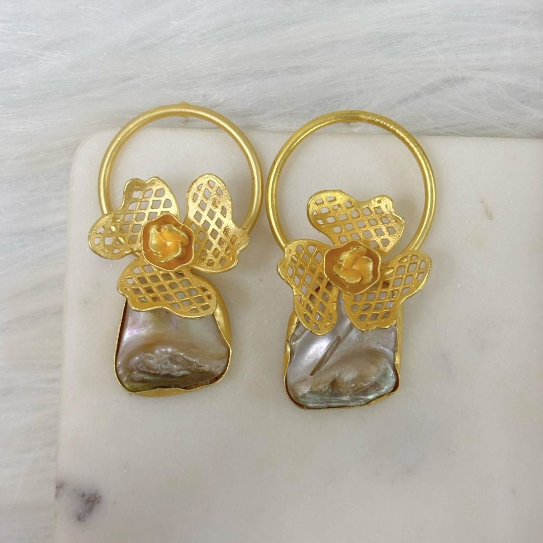 Bdiva 18K Gold Plated Intricately Carved Earrings With And Mother Of Pearl.