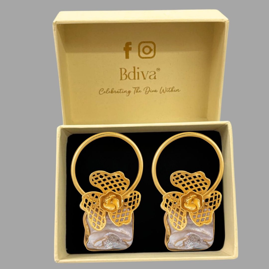 Bdiva 18K Gold Plated Intricately Carved Earrings With And Mother Of Pearl.