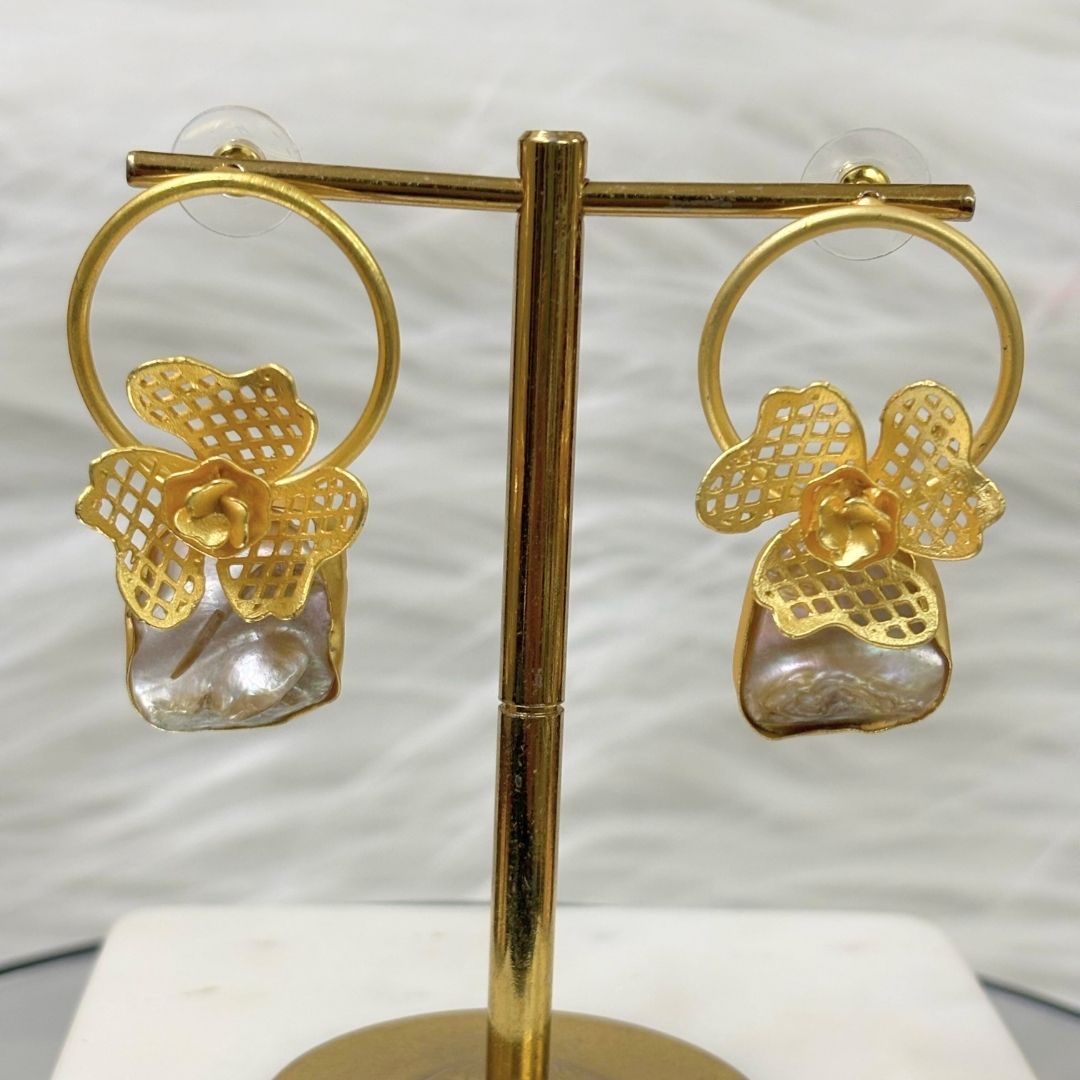 Bdiva 18K Gold Plated Intricately Carved Earrings With And Mother Of Pearl.