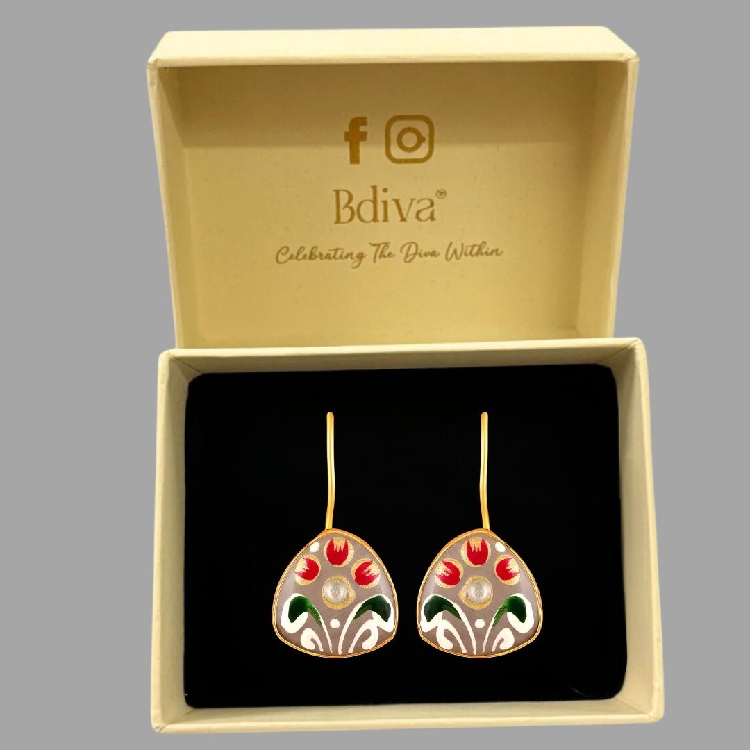 BDiva 18K Gold Plated Grey Enamel Floral Drop Earrings with a Elegance and Tradition