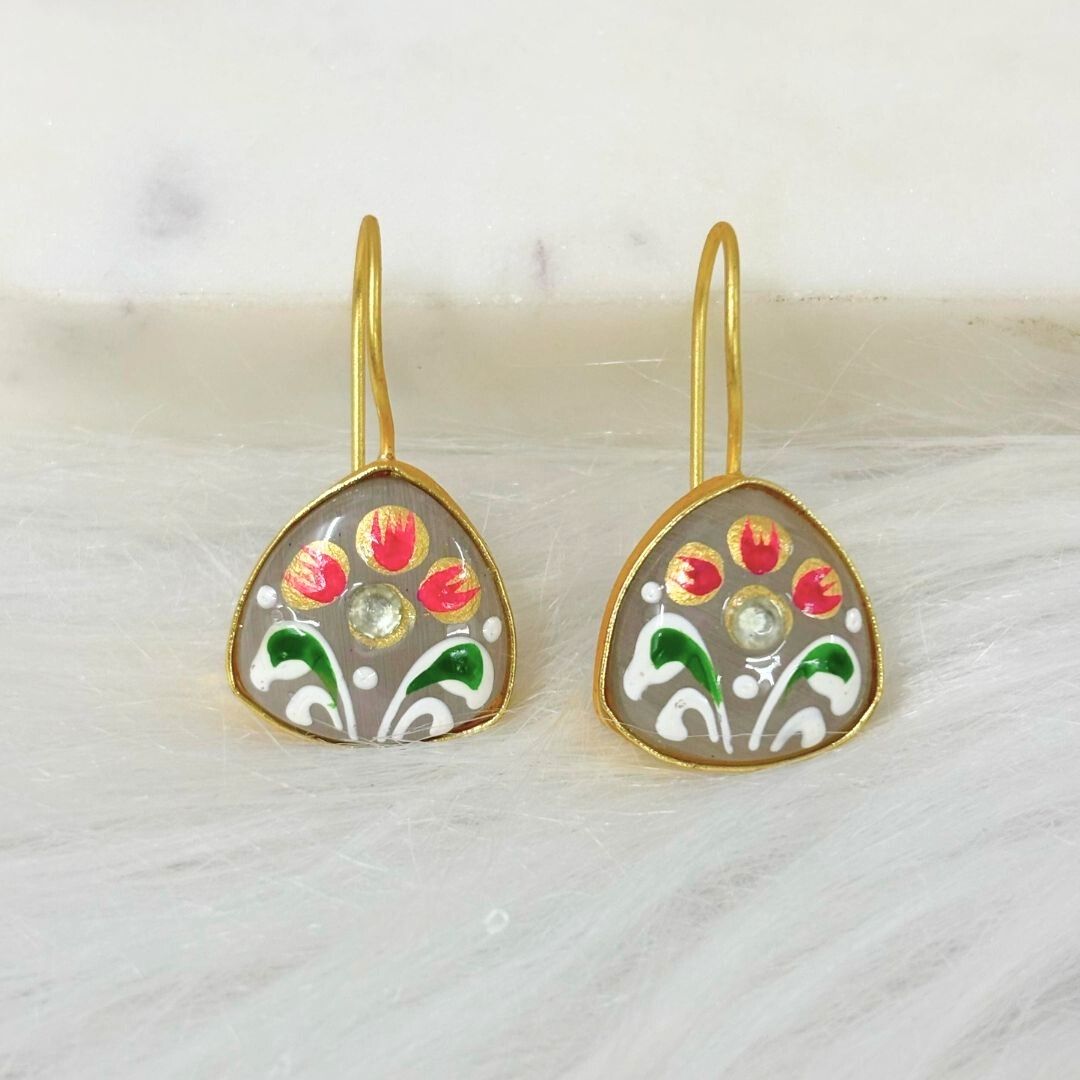 BDiva 18K Gold Plated Grey Enamel Floral Drop Earrings with a Elegance and Tradition