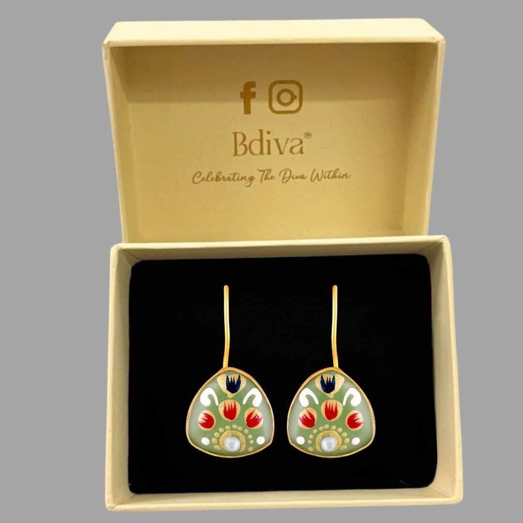 BDiva 18K Gold Plated Green Enamel Drop Earrings with a Splash of Tradition with Modern Grace