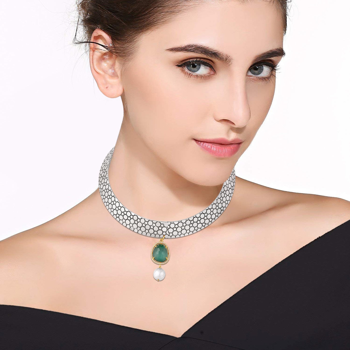 BDiva Elegant Oxidized Choker Necklace with Emerald Green Stone