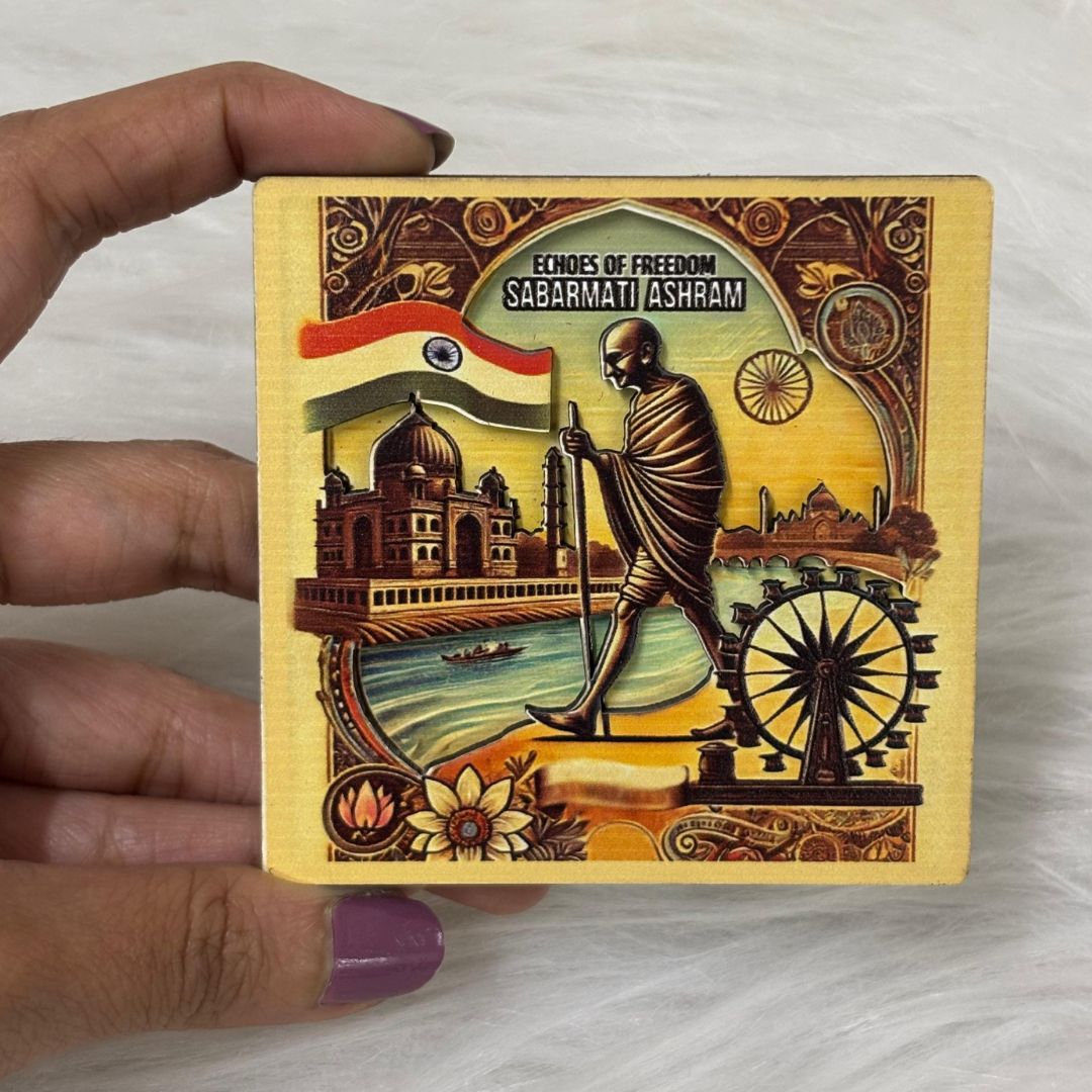 Echoes of Freedom: Sabarmati Ashram Souvenir Wooden Fridge Magnet