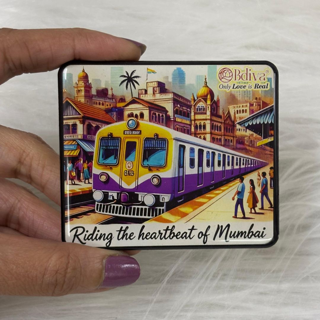 The Beating Heart of Mumbai: The Iconic Local Train – Souvenir Wooden Fridge Magnet