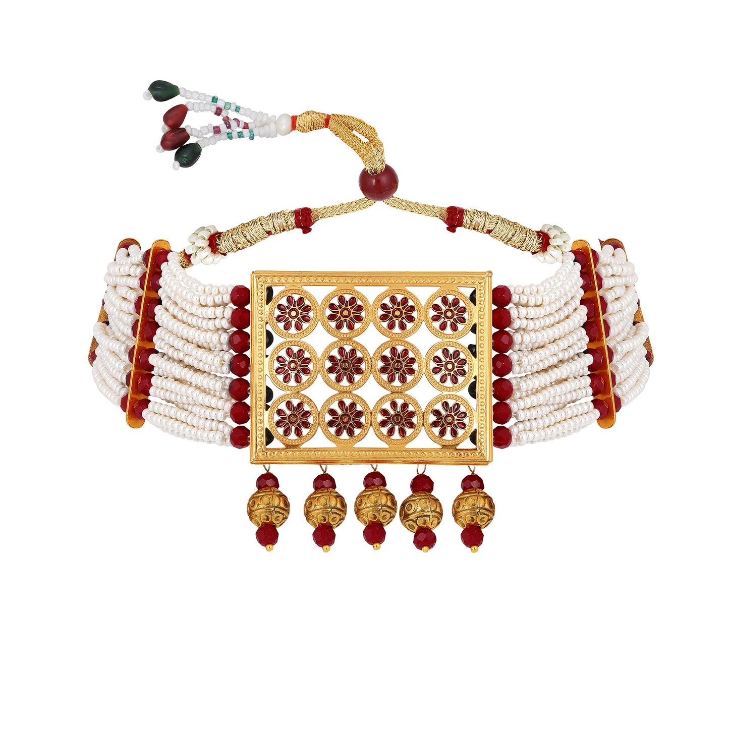 Bdiva 18K Gold Plated Intricately Carved Red Beads Rectangular Choker Necklace.