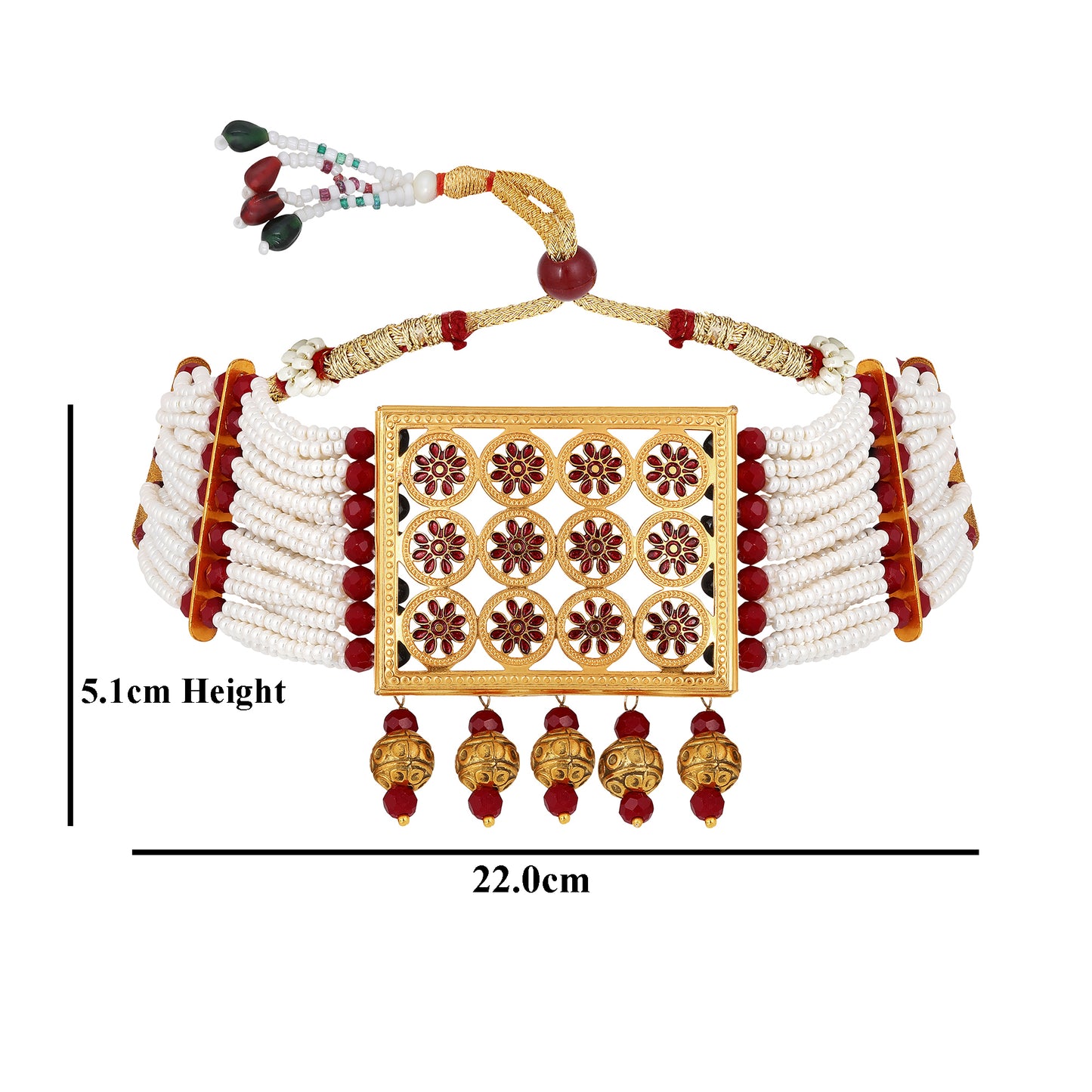 Bdiva 18K Gold Plated Intricately Carved Red Beads Rectangular Choker Necklace.