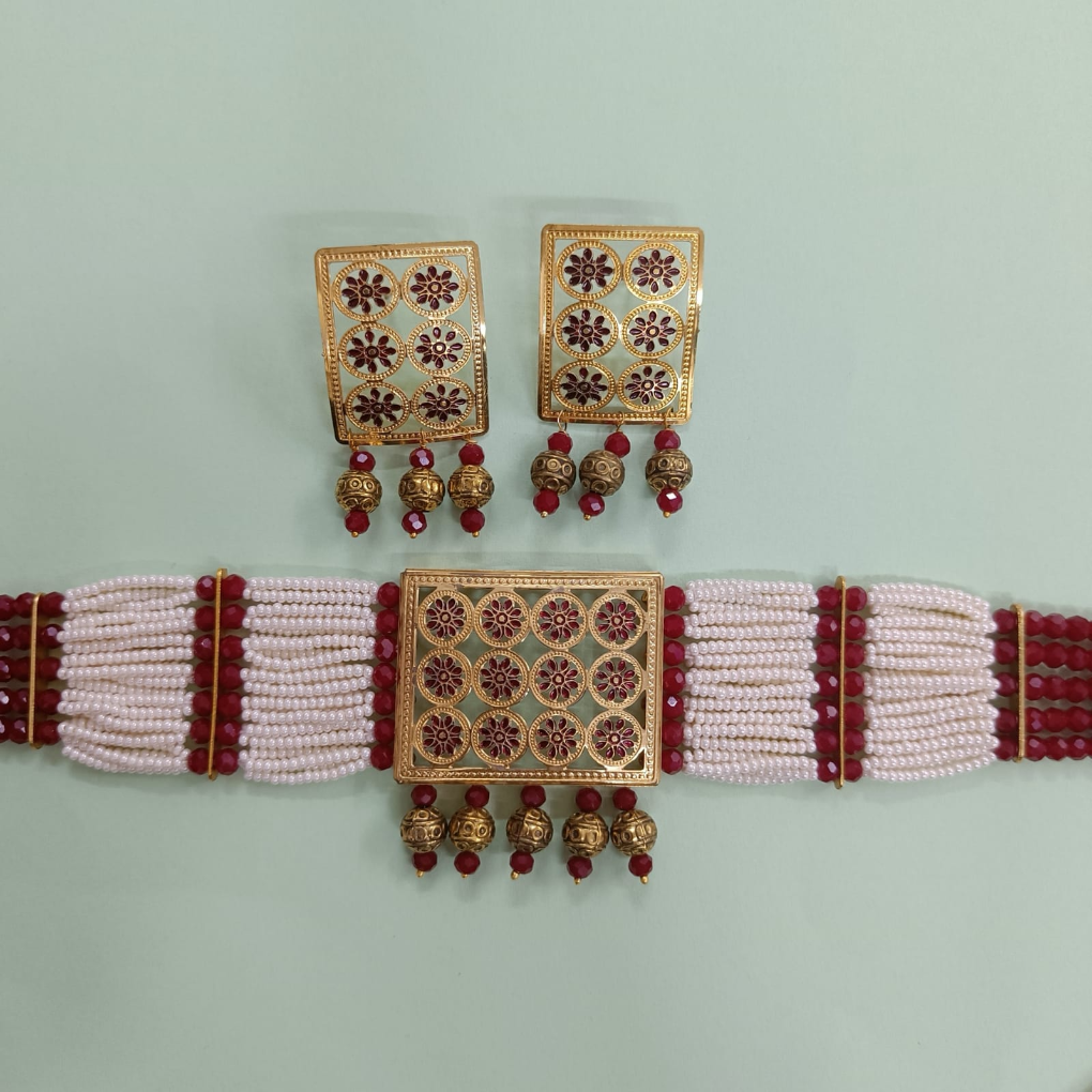 Bdiva 18K Gold Plated Intricately Carved Red Beads Rectangular Choker Necklace.