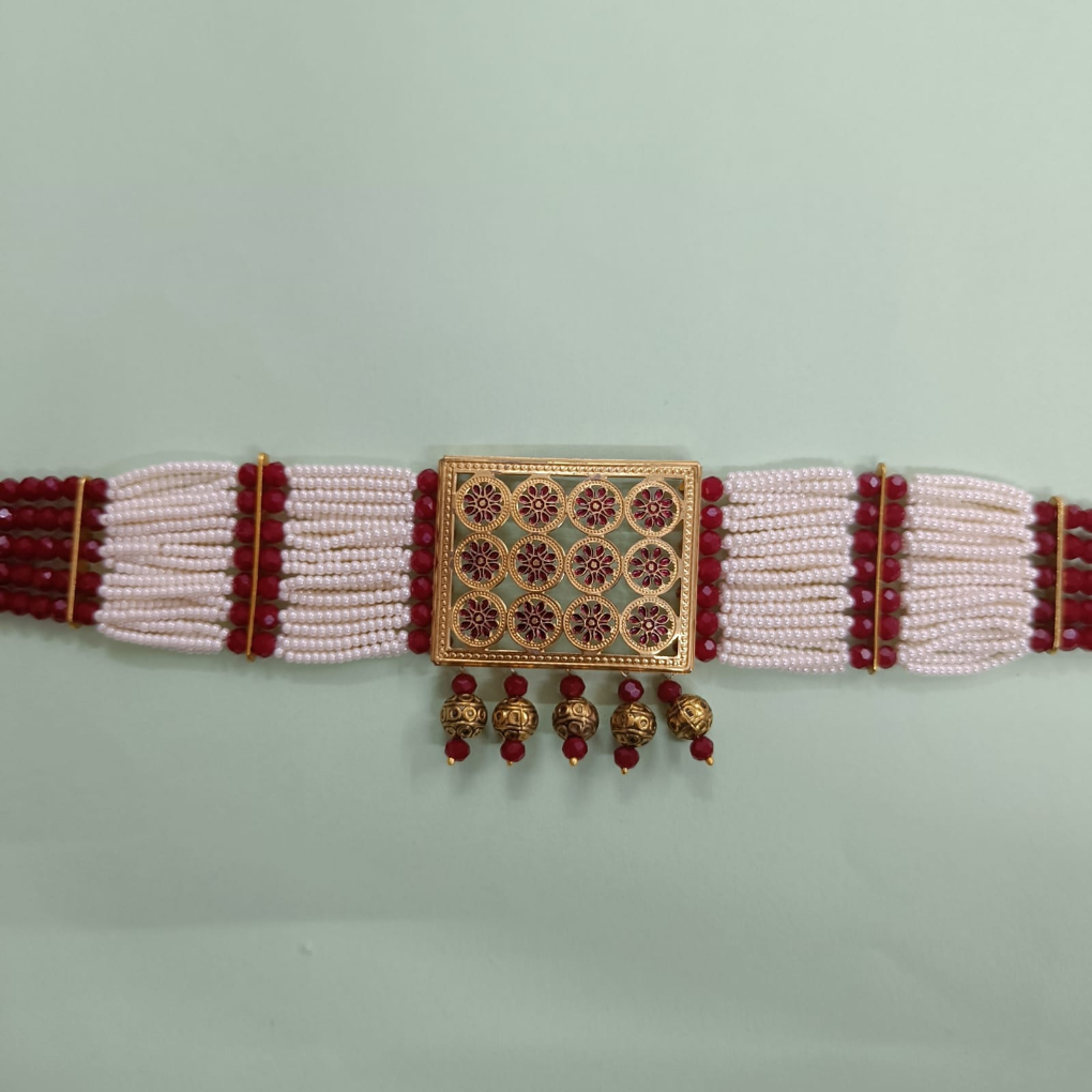 Bdiva 18K Gold Plated Intricately Carved Red Beads Rectangular Choker Necklace.
