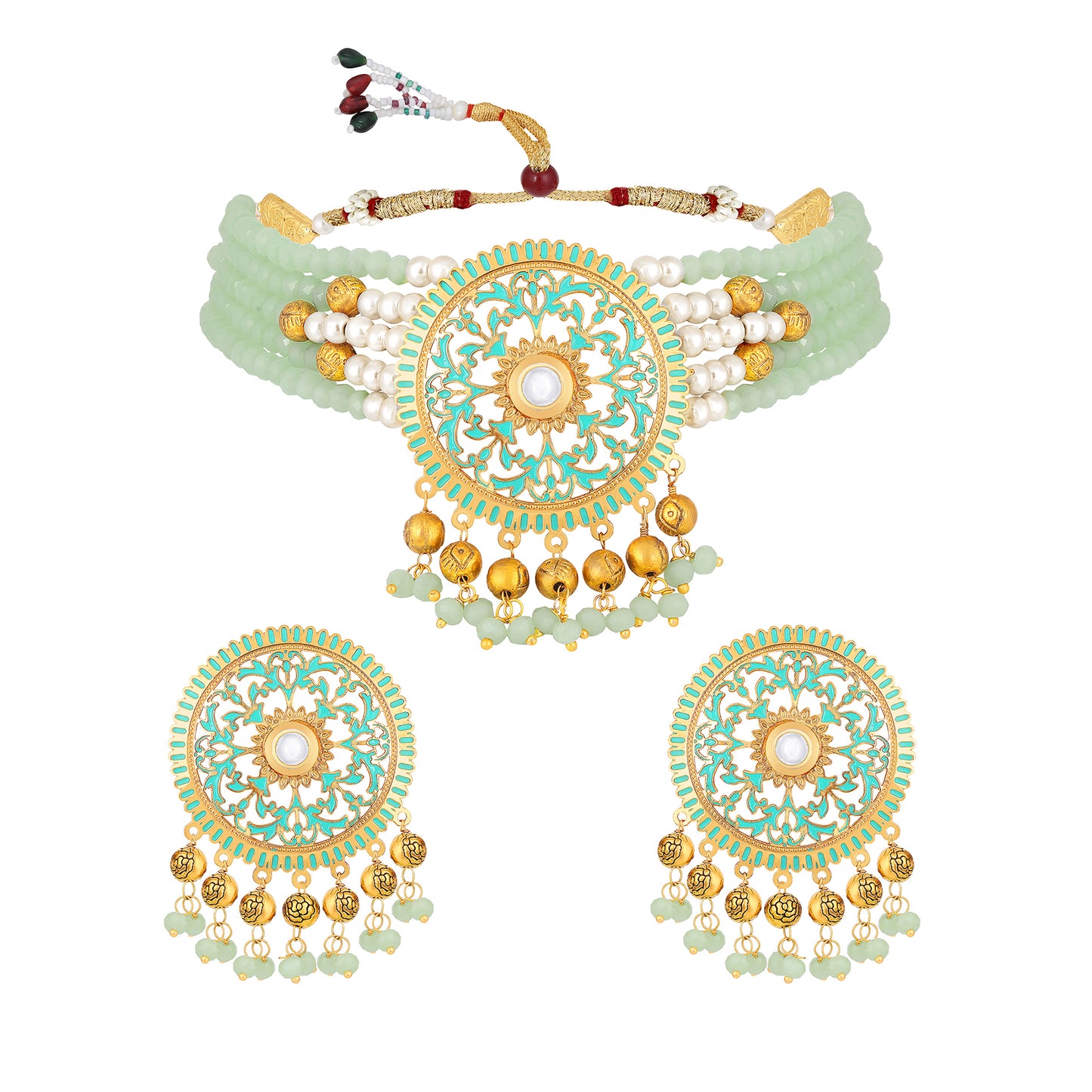 Bdiva 18K Gold Plated Intricately Carved Green Jade Round Choker Necklace.