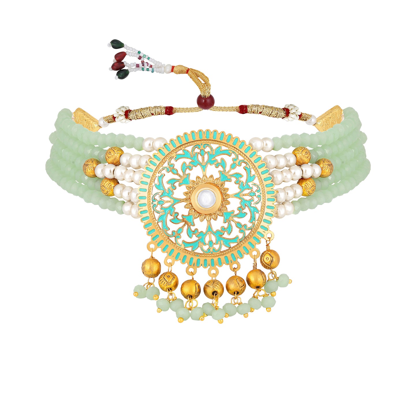 Bdiva 18K Gold Plated Intricately Carved Green Jade Round Choker Necklace.