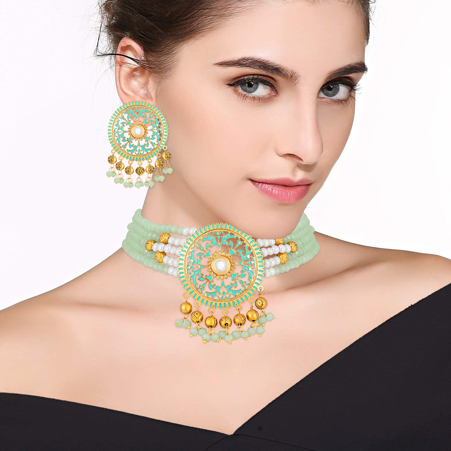 Bdiva 18K Gold Plated Intricately Carved Green Jade Round Choker Necklace.