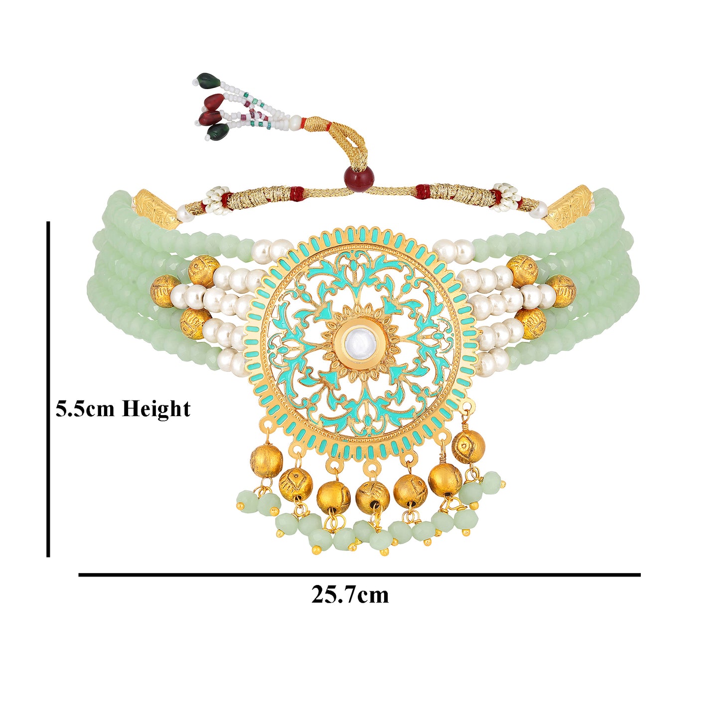 Bdiva 18K Gold Plated Intricately Carved Green Jade Round Choker Necklace.