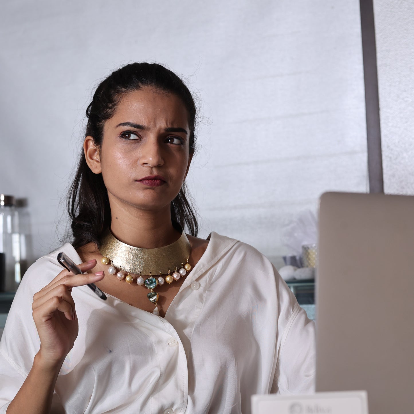 18K Gold Plated Indo-Western Green Stone Pearl Choker.