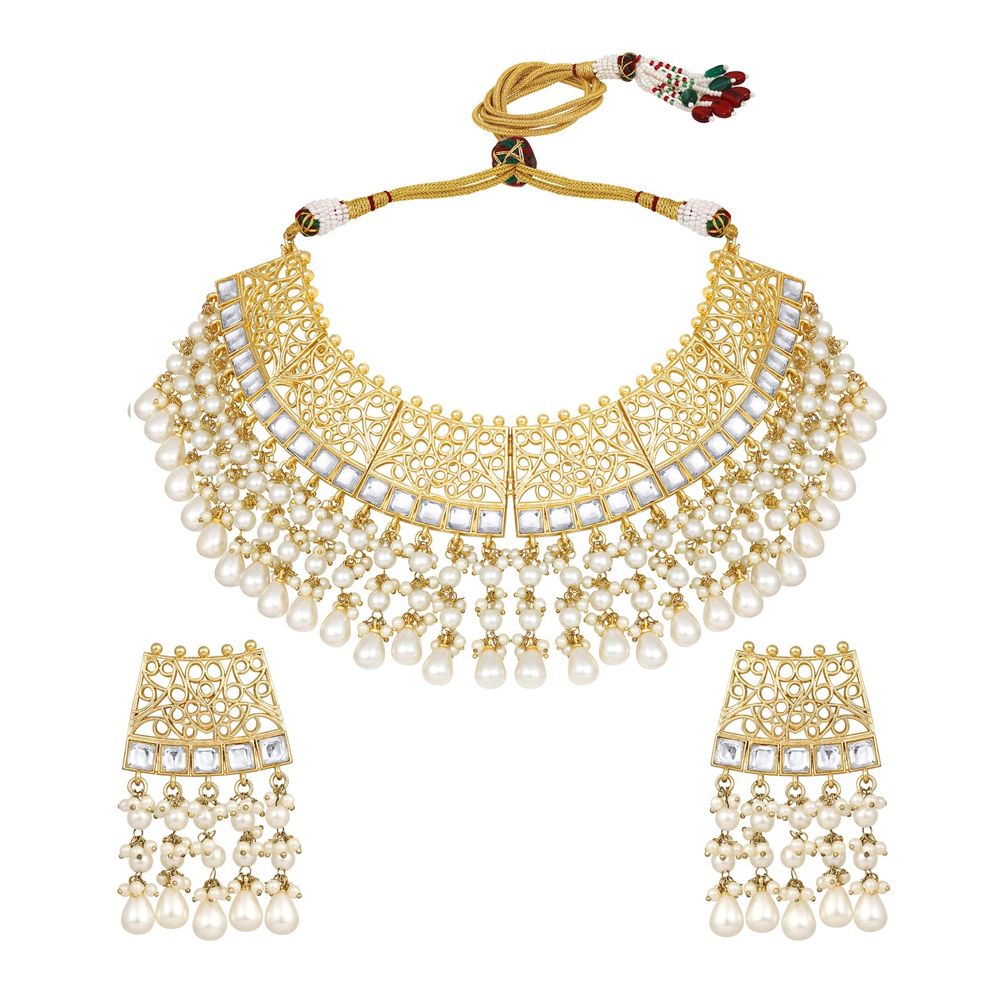 Bdiva 18K Gold Plated Kundan Semi Cultured White Pearl Choker