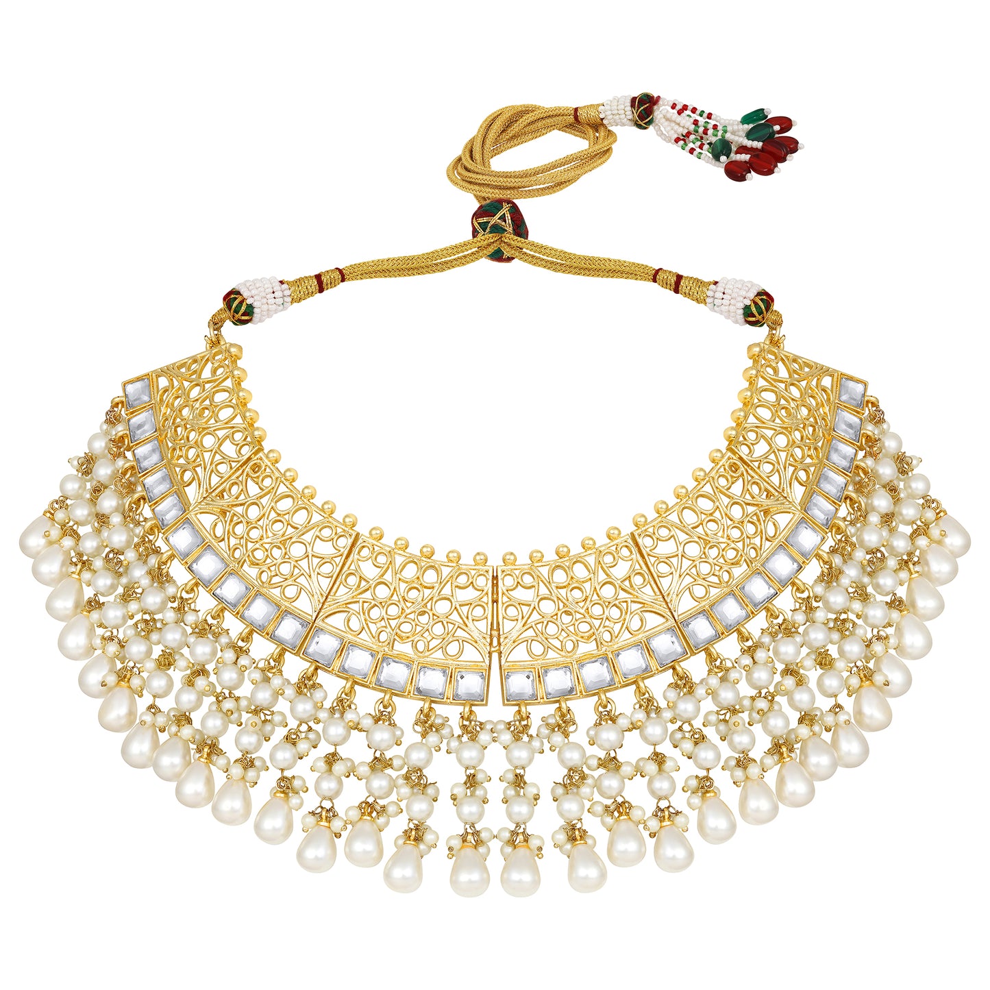 Bdiva 18K Gold Plated Kundan Semi Cultured White Pearl Choker