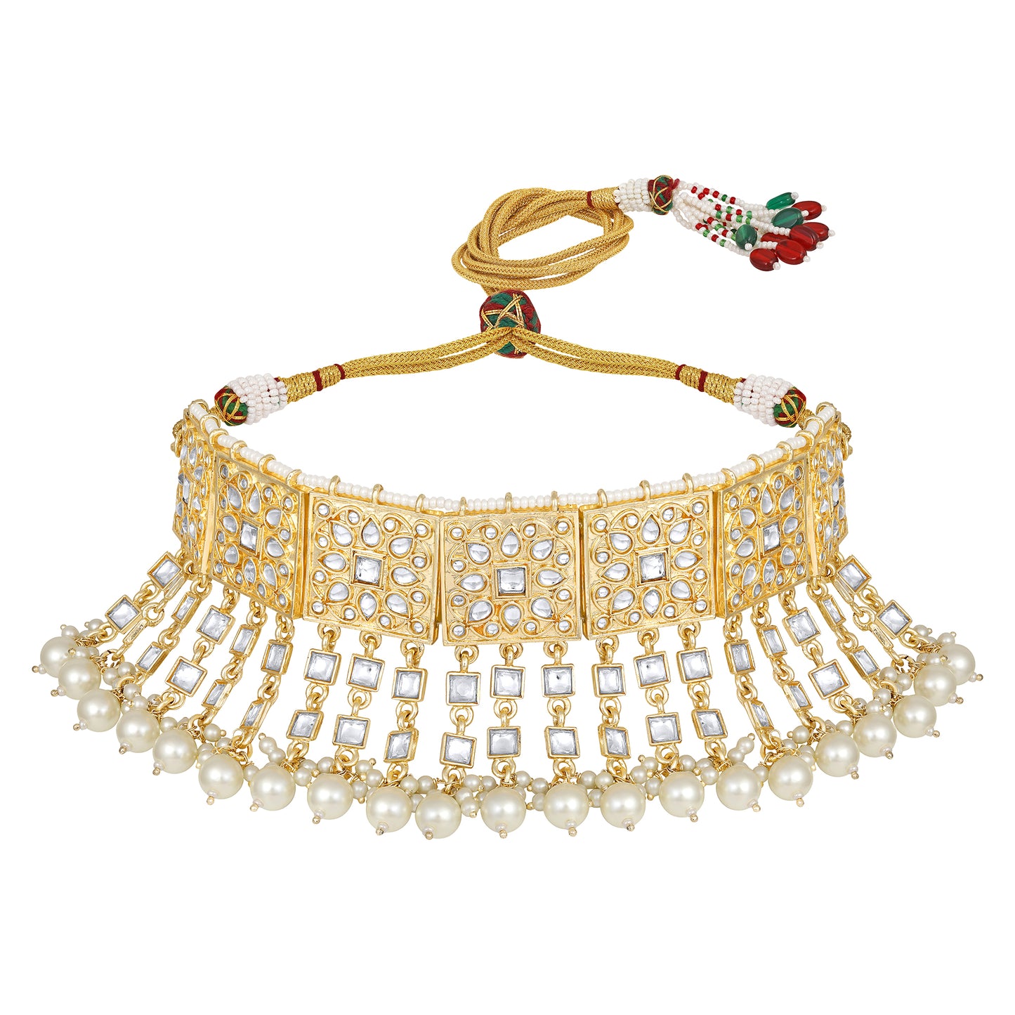Bdiva 18K Gold Plated Kundan Semi Cultured White Pearl Choker
