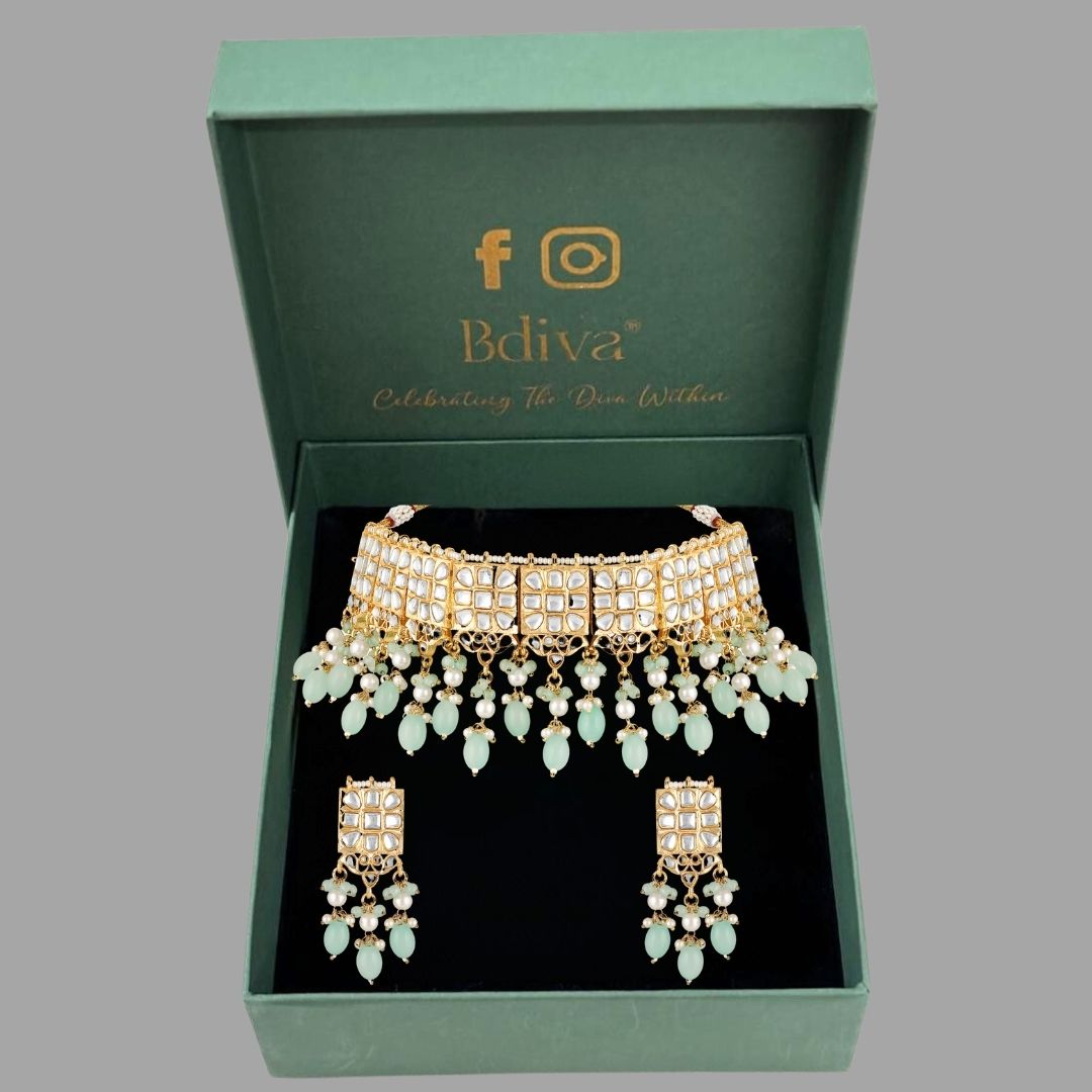 18K Gold Plated Heritage Green Kundan Choker Set