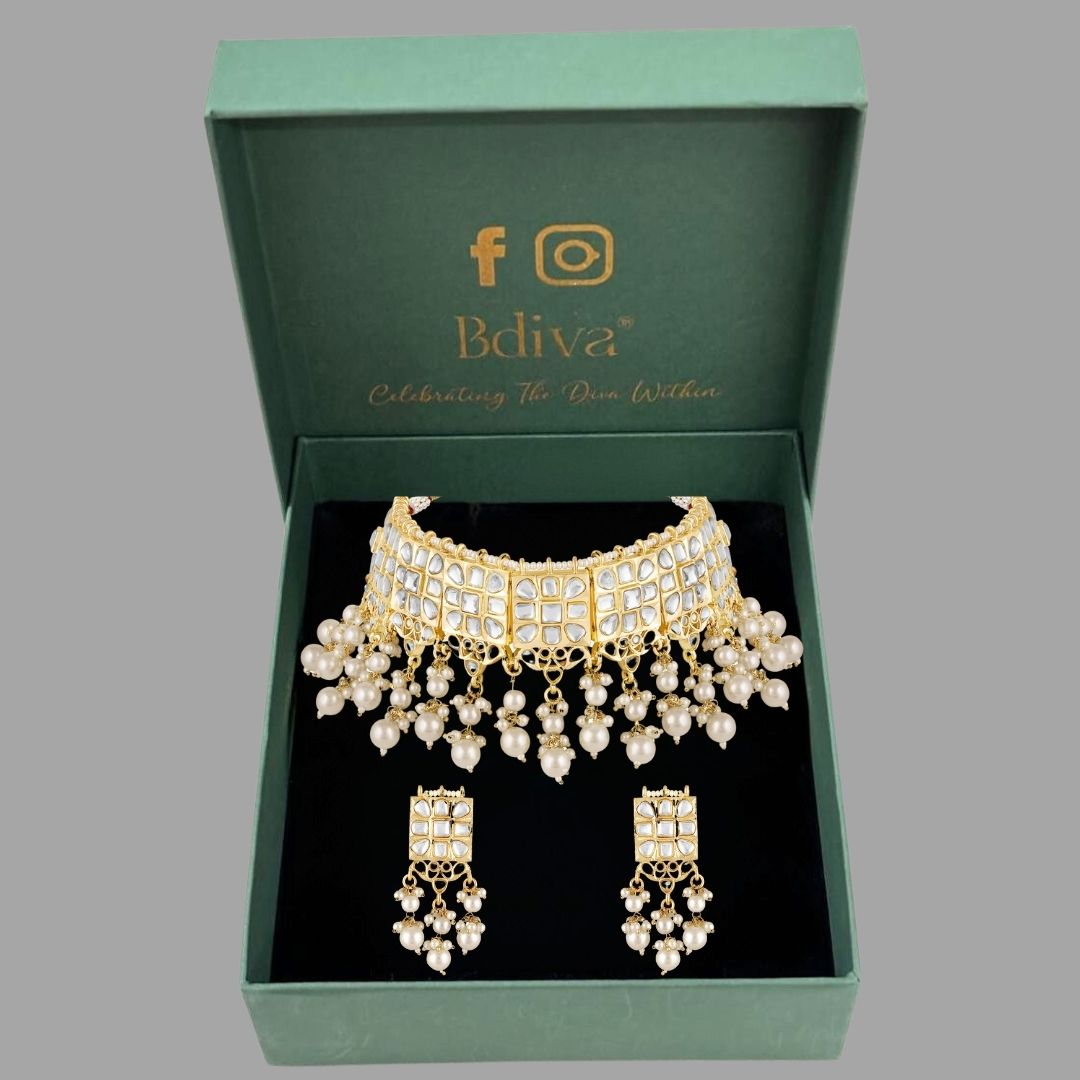 18K Gold Plated Regal Kundan Pearl Choker Set