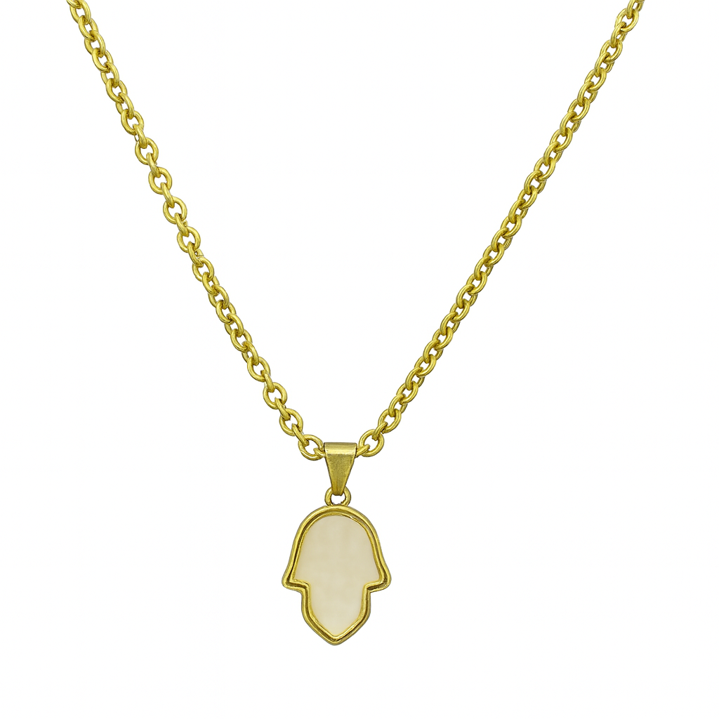 Gold‑Plated Hamsa Pendant Chain with Mother‑of‑Pearl Charm