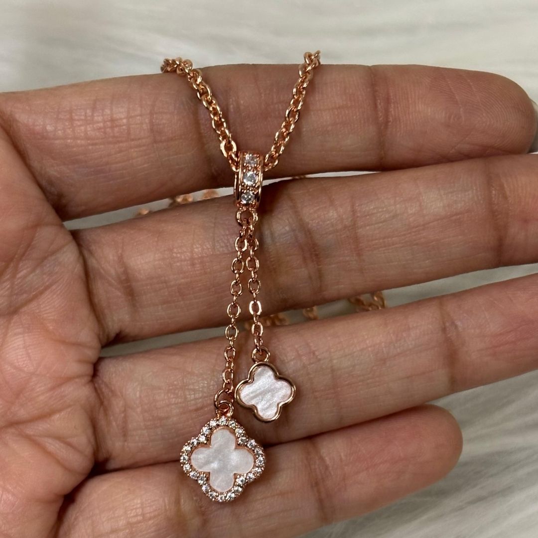 Rose Gold Plated Clover Chain Pendant Double Charm Infinite Elegance