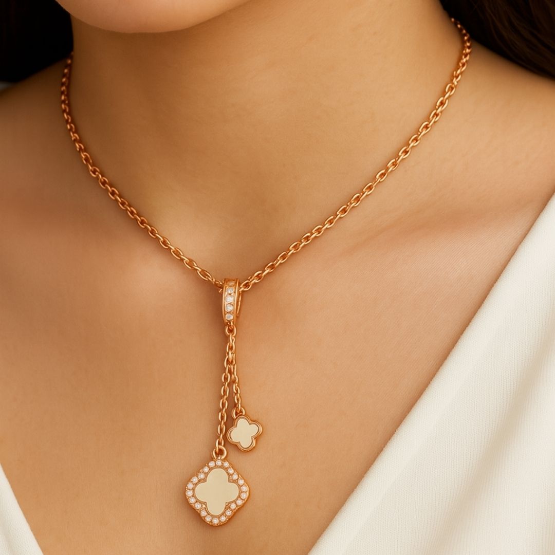 Rose Gold Plated Clover Chain Pendant Double Charm Infinite Elegance