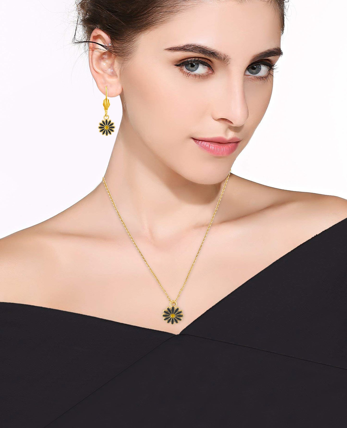 Bdiva Handcrafted 18k Gold-Plated Enamel Flower Pendant Set