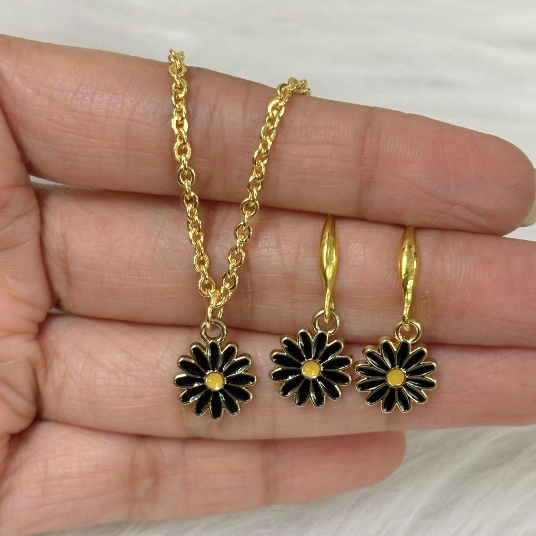 Bdiva Handcrafted 18k Gold-Plated Enamel Flower Pendant Set