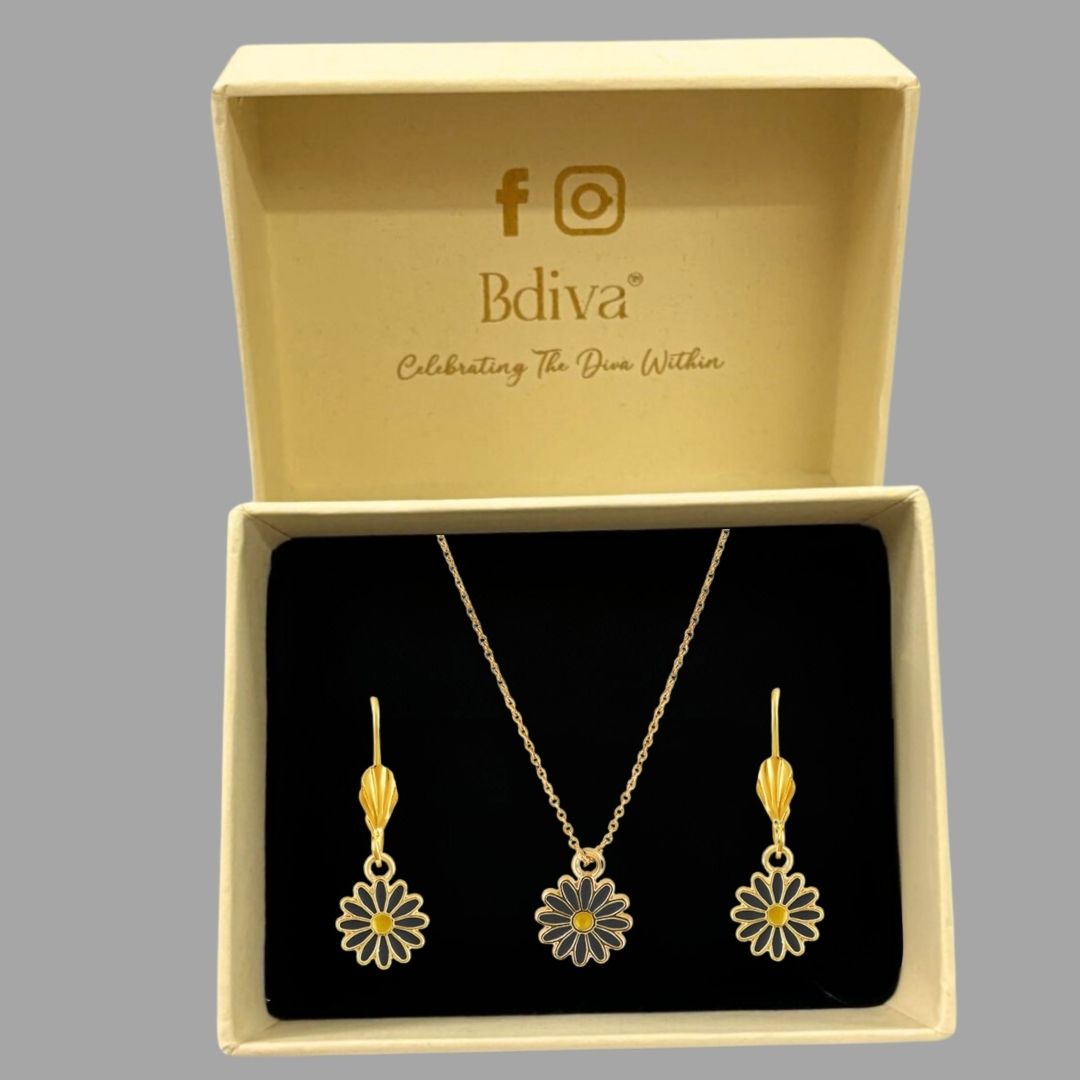 Bdiva Handcrafted 18k Gold-Plated Enamel Flower Pendant Set