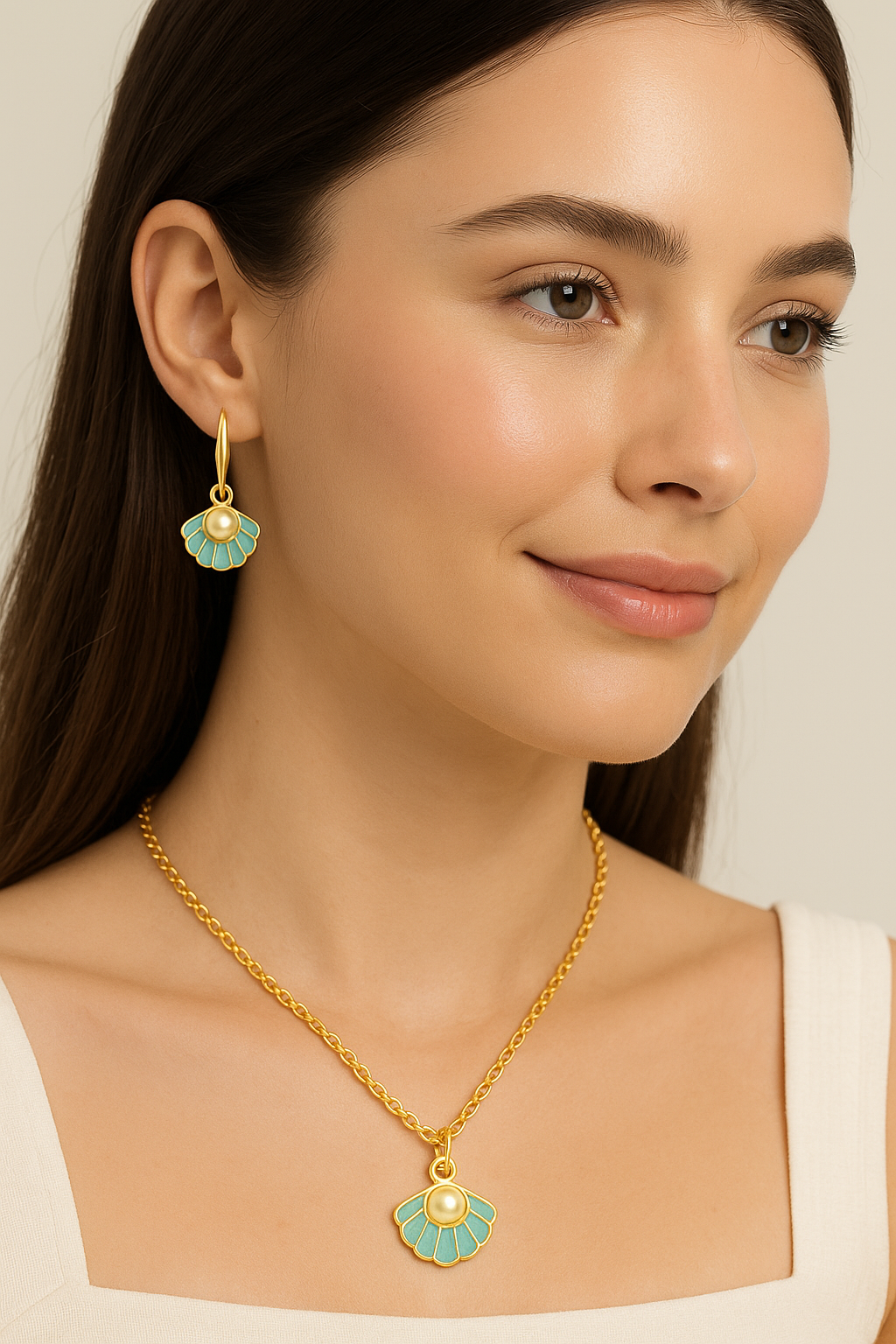Gold-Plated Sea Breeze Elegance Aqua Pearl Pendant Set