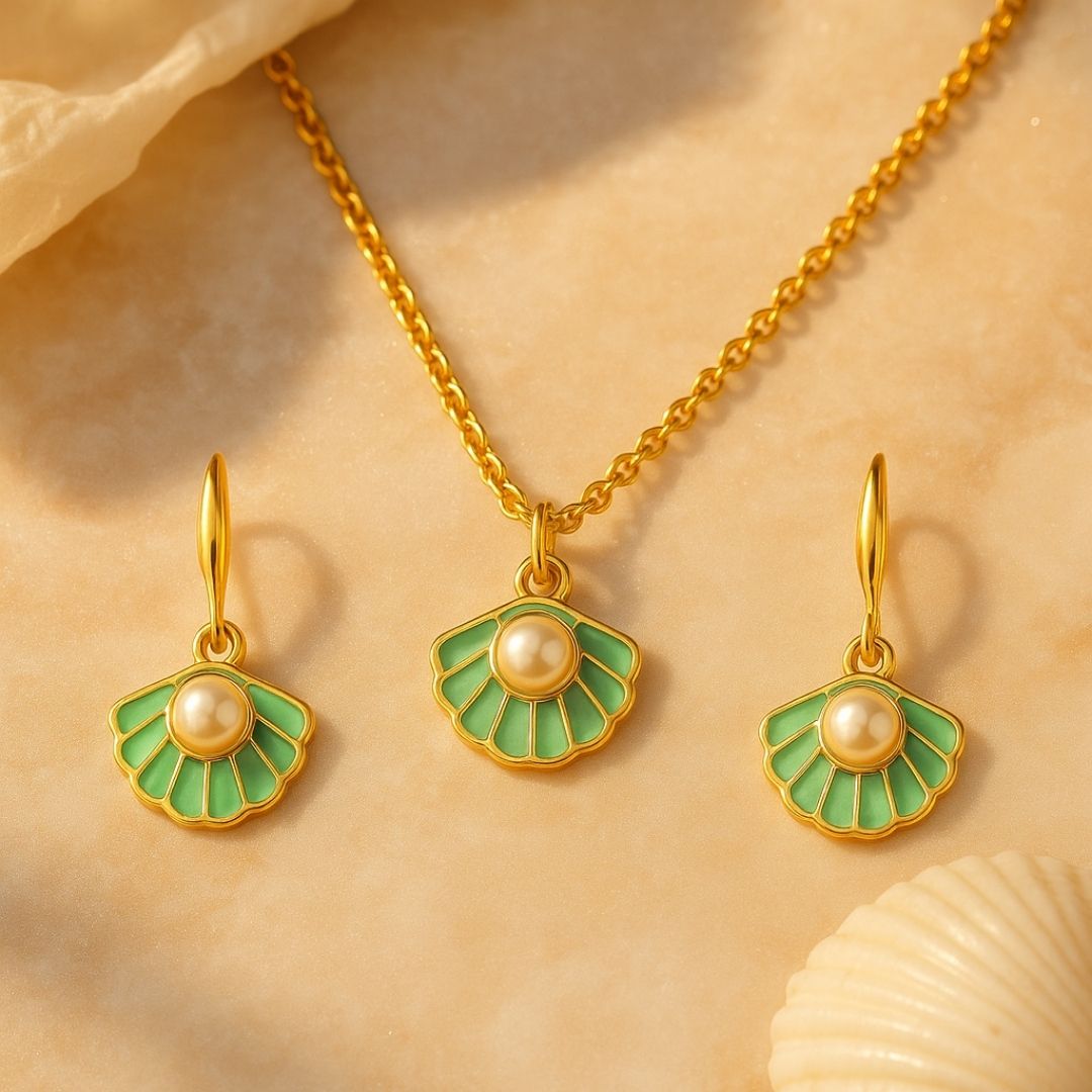 Gold-Plated Coastal Charm Mint Enamel Pearl Set