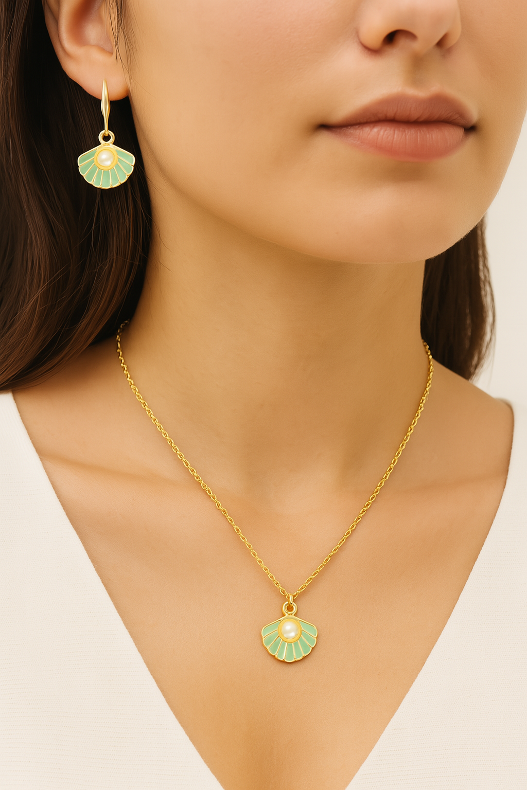Gold-Plated Coastal Charm Mint Enamel Pearl Set