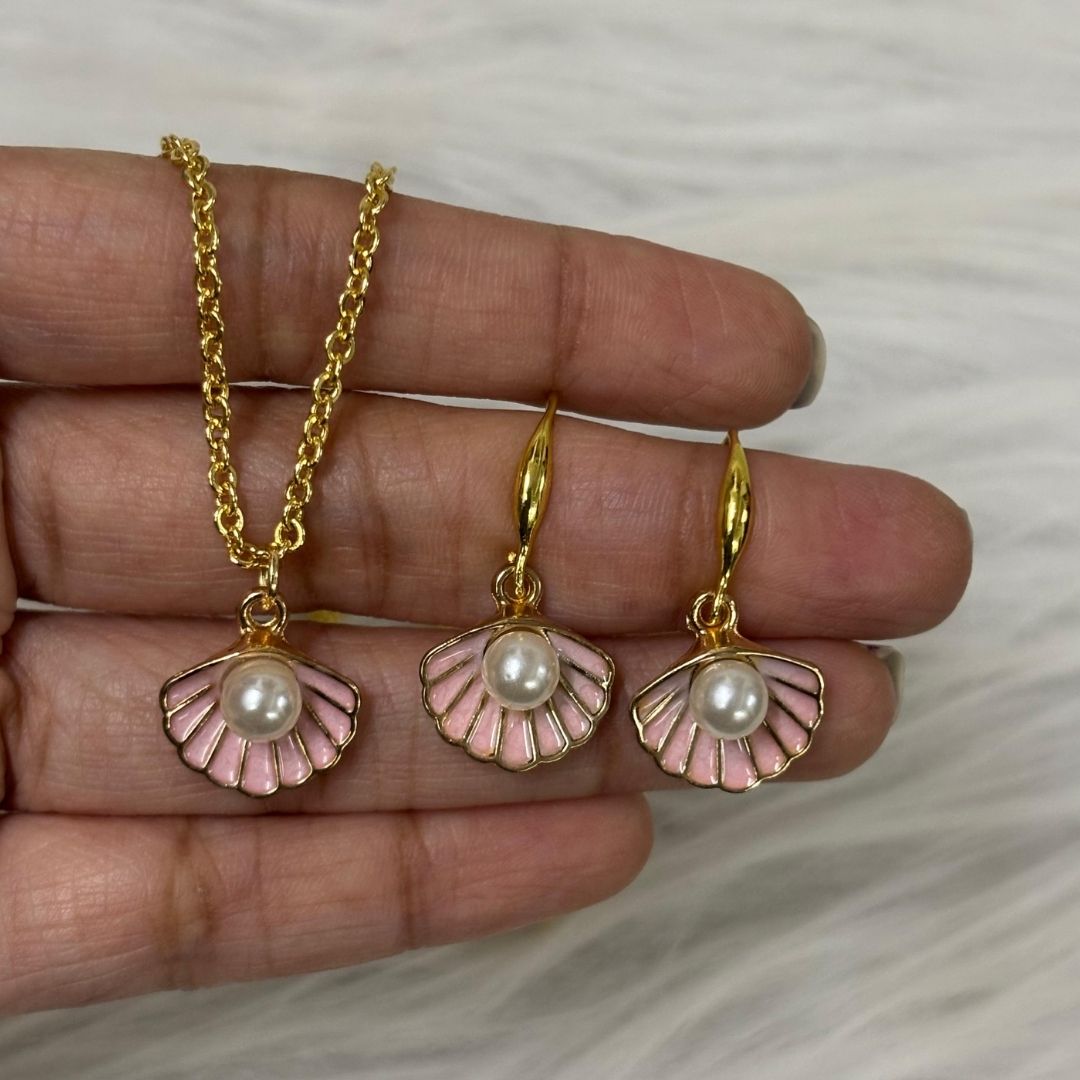 Gold Plated Blush Seashell Pink Enamel & Pearl Pendant Set