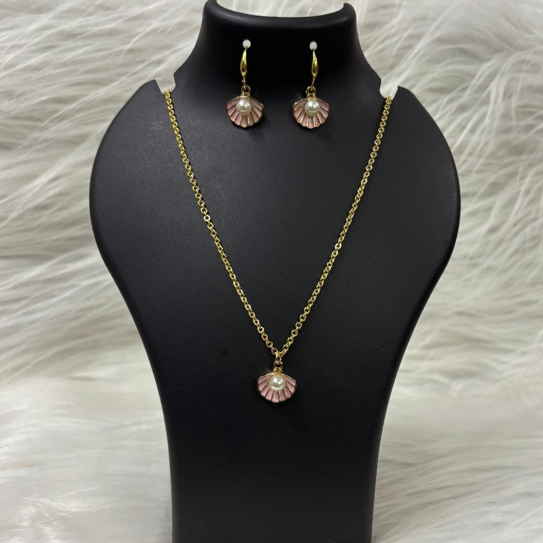 Gold Plated Blush Seashell Pink Enamel & Pearl Pendant Set