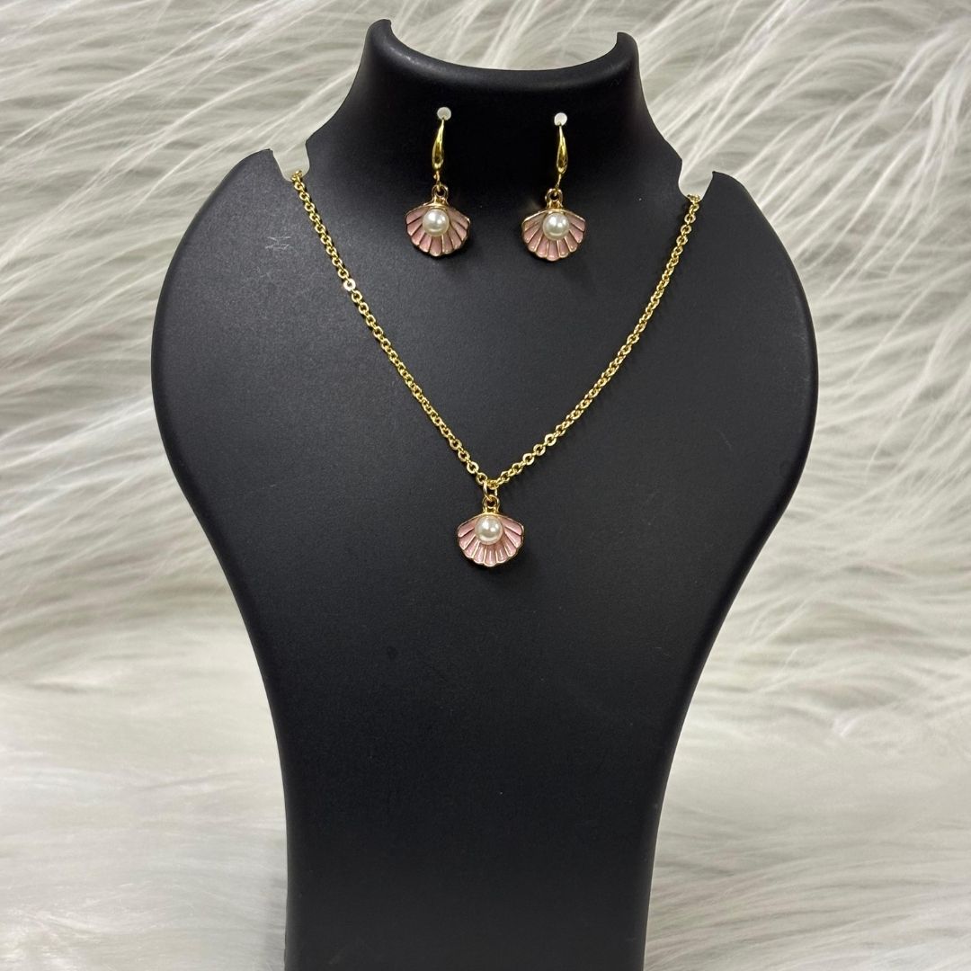 Gold Plated Blush Seashell Pink Enamel & Pearl Pendant Set