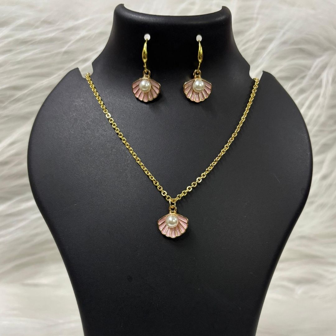 Gold Plated Blush Seashell Pink Enamel & Pearl Pendant Set