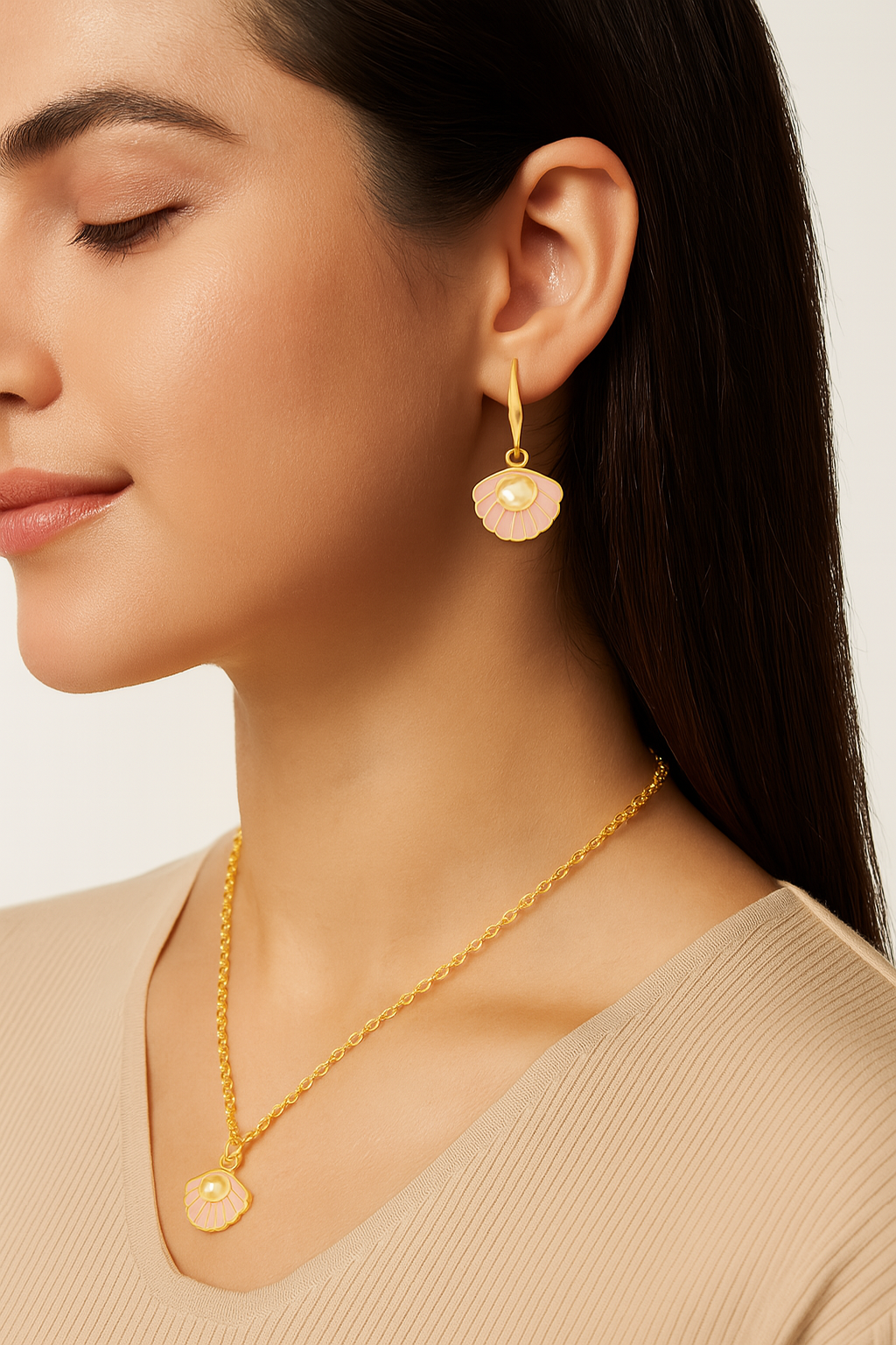 Gold Plated Blush Seashell Pink Enamel & Pearl Pendant Set