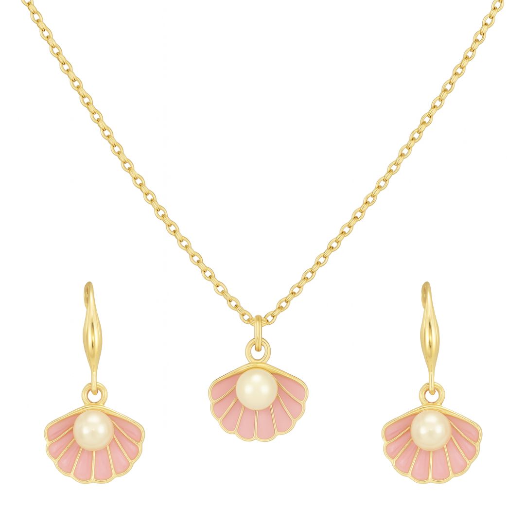 Gold Plated Blush Seashell Pink Enamel & Pearl Pendant Set